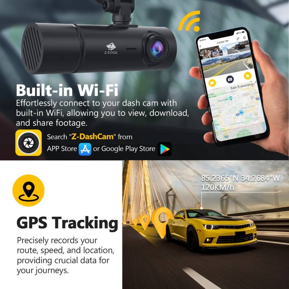 Built-in Wi-Fi Effortlessly connect to your dash cam with built-in WiFi, allowing you to view, download, and share footage. Search "Z-DashCam" from APP Store or Google Play Store. GPS Tracking Precisely records your route, speed, and location, providing crucial data for your journeys.