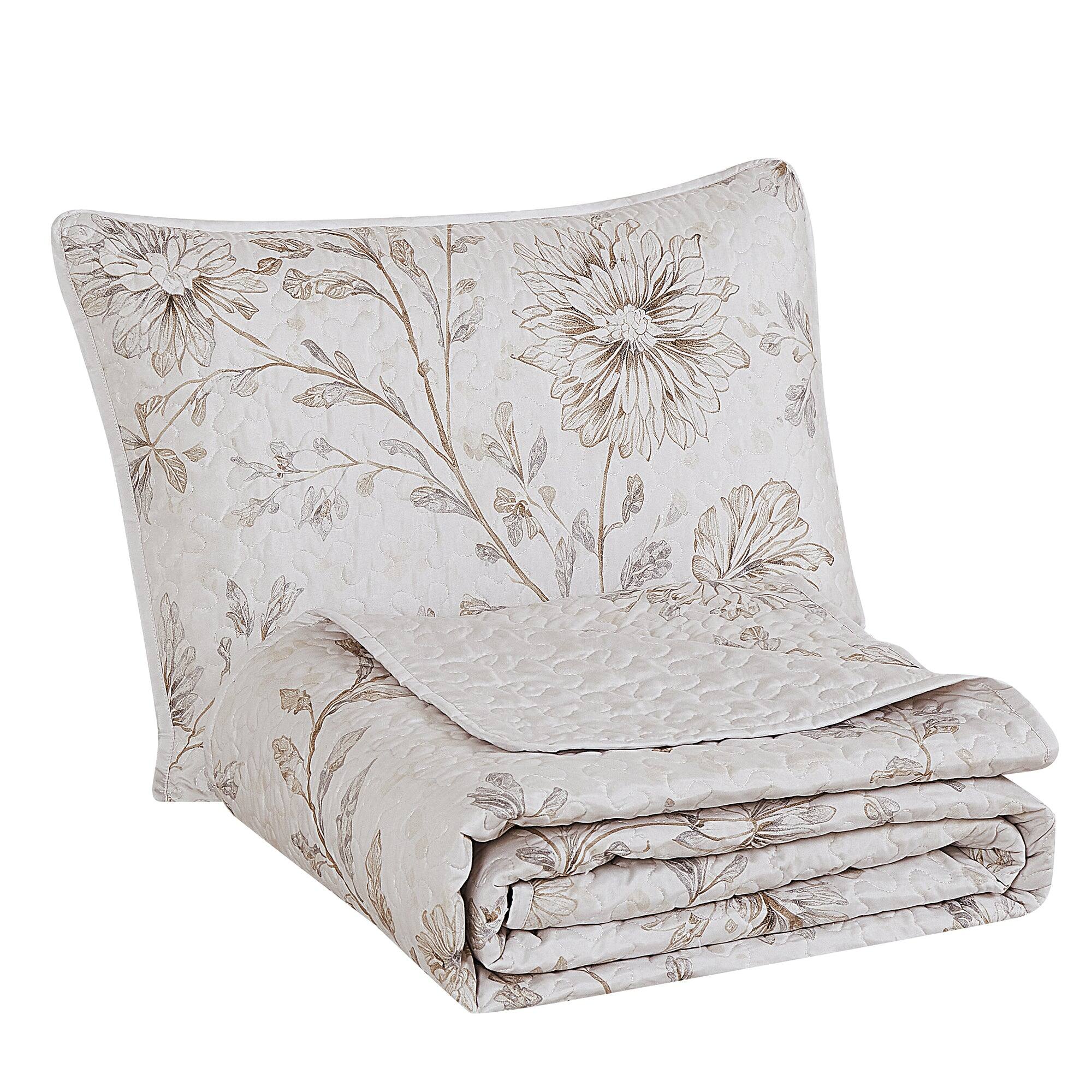 Alt View 1. MarCielo - MarCielo 3 Piece Lightweight Quilt Bedspread Set Reversible Floral Botanical - Taupe Daisy.
