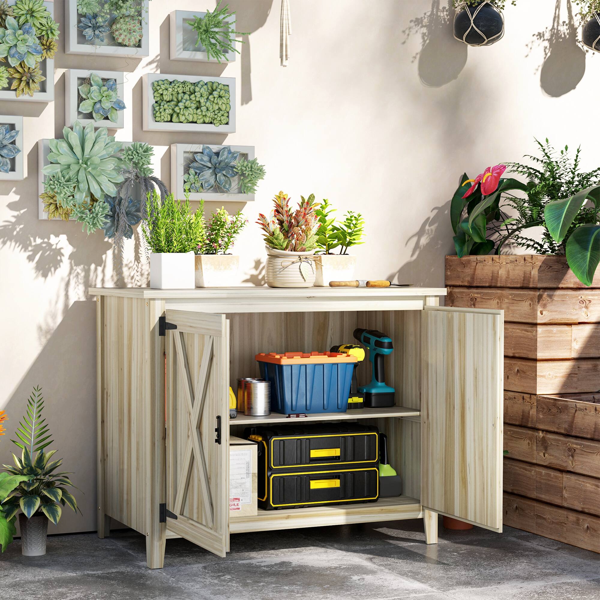 Alt View 1. Outsunny - Wood Garden Shed, Compact Outdoor Storage Cabinet Potting Shed with Inner Shelf and Double Doors for Backyard, Patio.