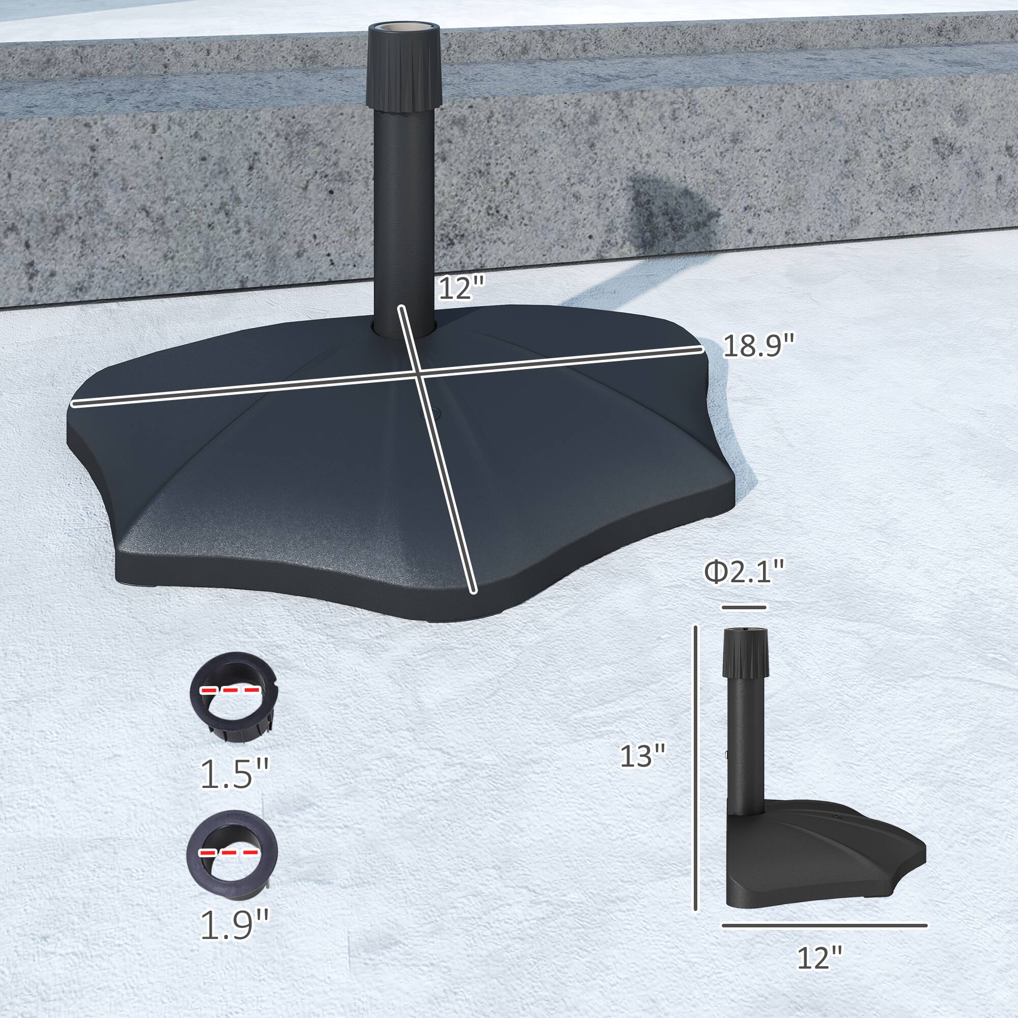 12", 18.9", 13", 12", 2.1", 1.5", 1.9"