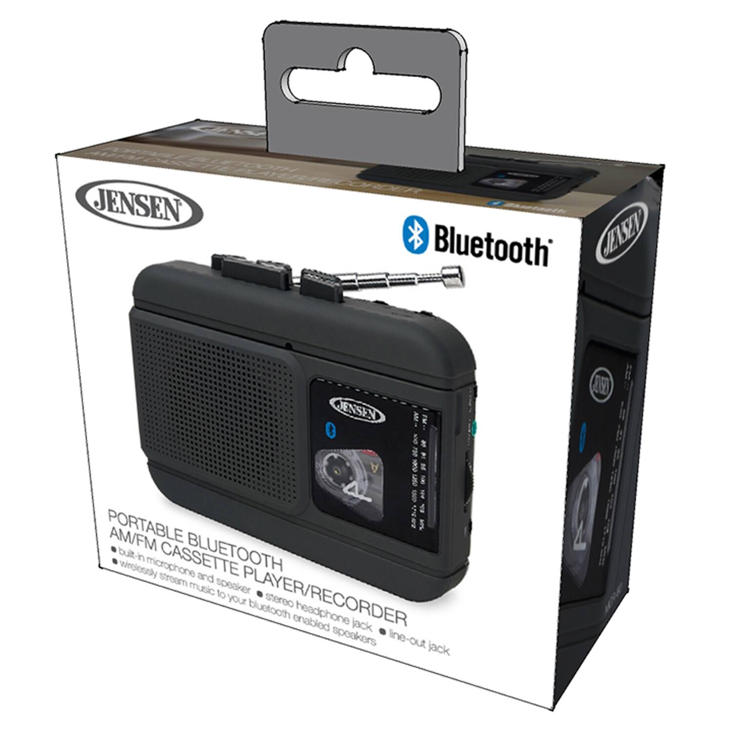JENSEN Bluetooth EASA JENSEN & A PORTABLE AM/FM BLUETOOTH built-in CASSETTE weeensy microphone and stream speaker music PLAYER/RECORDER your bluetooth headphone enabled jack speakers line-out jack