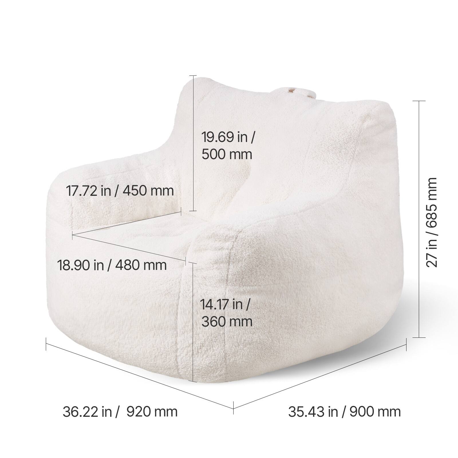 19.69 in / 500 mm  
17.72 in / 450 mm  
18.90 in / 480 mm  
14.17 in / 360 mm  
27 in / 685 mm  
36.22 in / 920 mm  
35.43 in / 900 mm