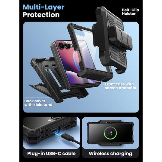 Multi-Layer Protection

- Belt-Clip Holster
- Front case with screen protector
- Back cover with kickstand
- Plug-in USB-C cable
- Wireless charging