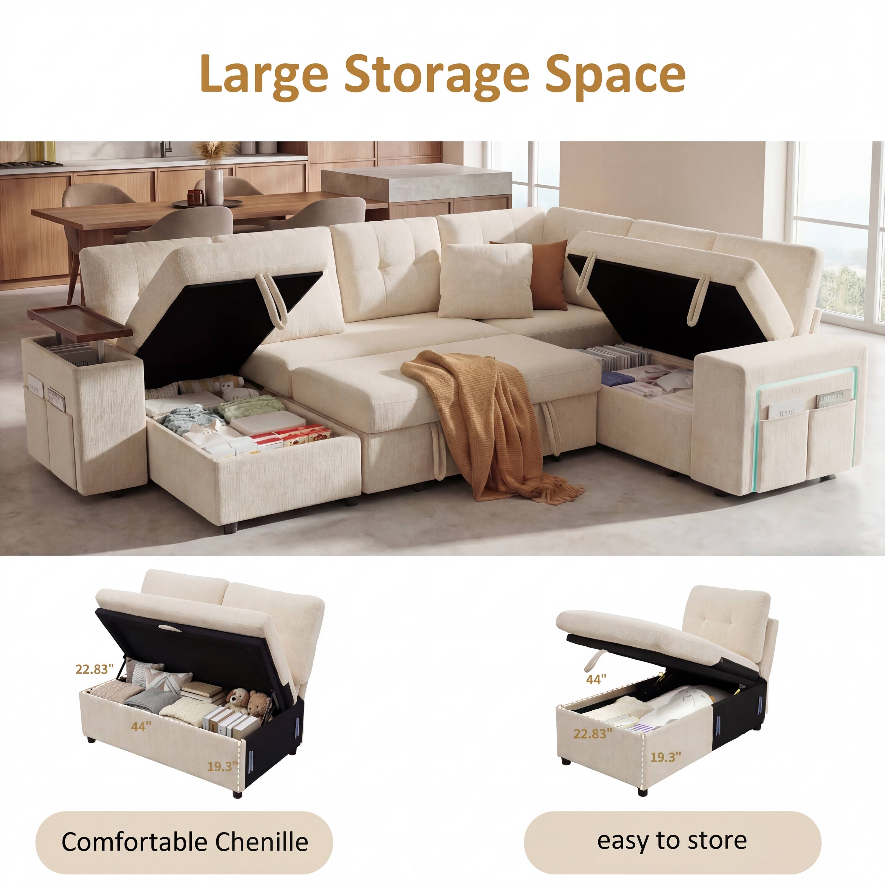 Large Storage Space  
22.83" x 44" x 22.83" x 19.3"  

Comfortable Chenille  
easy to store