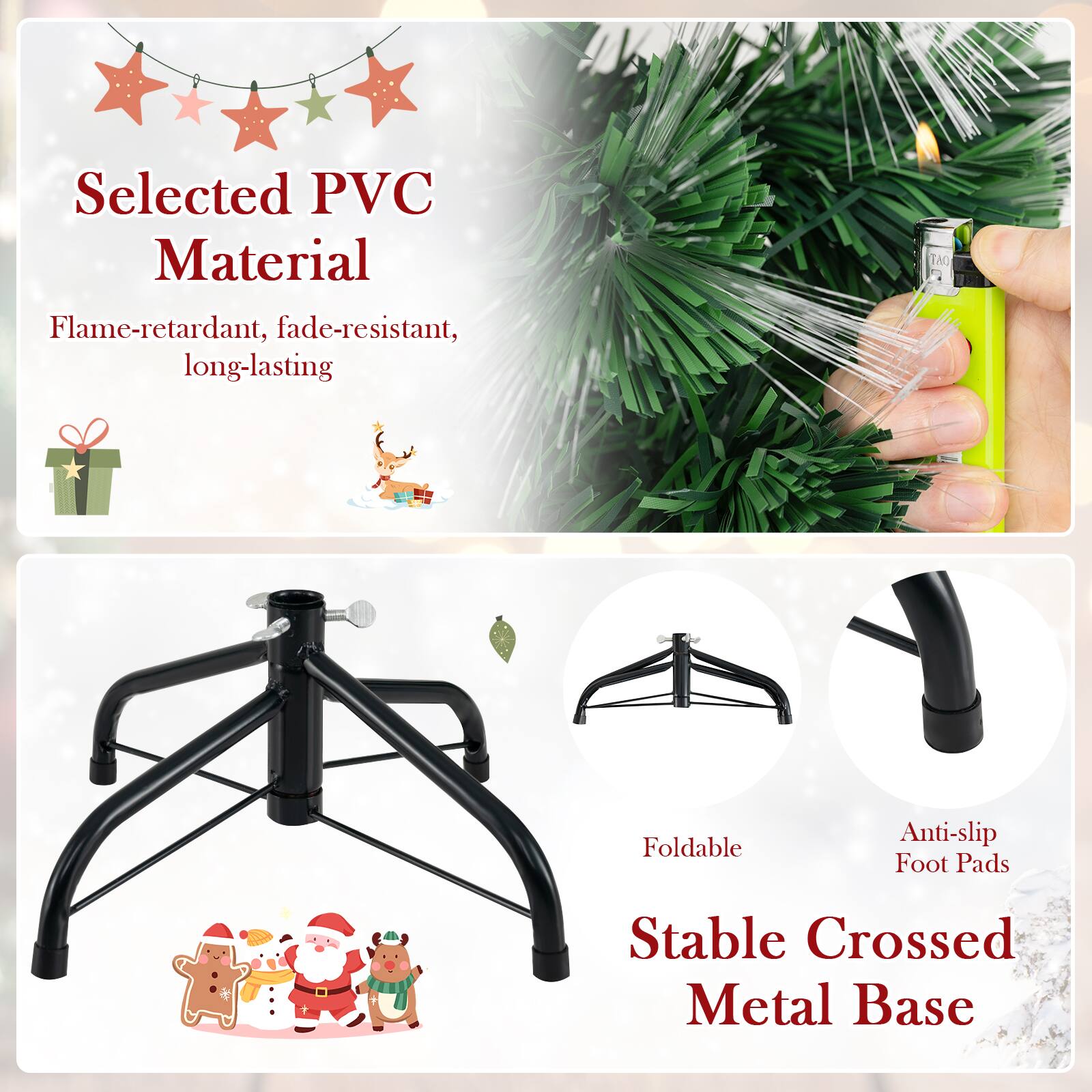 Selected PVC Material  
Flame-retardant, fade-resistant, long-lasting  

Stable Crossed Metal Base  
Foldable  
Anti-slip Foot Pads