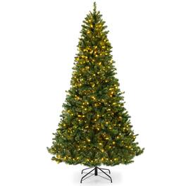 Ecooso - 8ft Hinged Artificial Christmas Tree with PVC Tips and Warm White LED Lights - Green