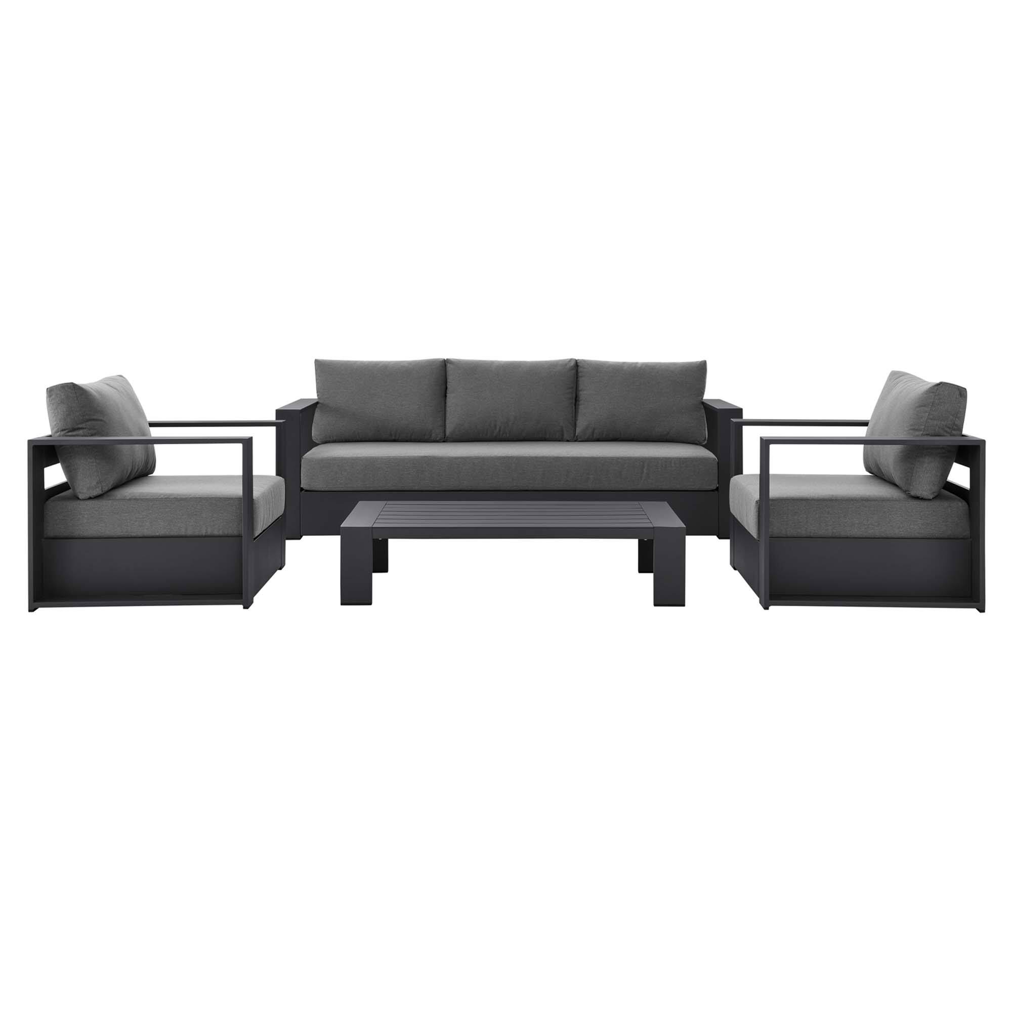 Alt View 1. Modway - Tahoe 4-Piece Outdoor Patio Set - Powder-Coated Aluminum, Cushioned Sofa, 2 Armchairs, Coffee Table - Gray Charcoal.