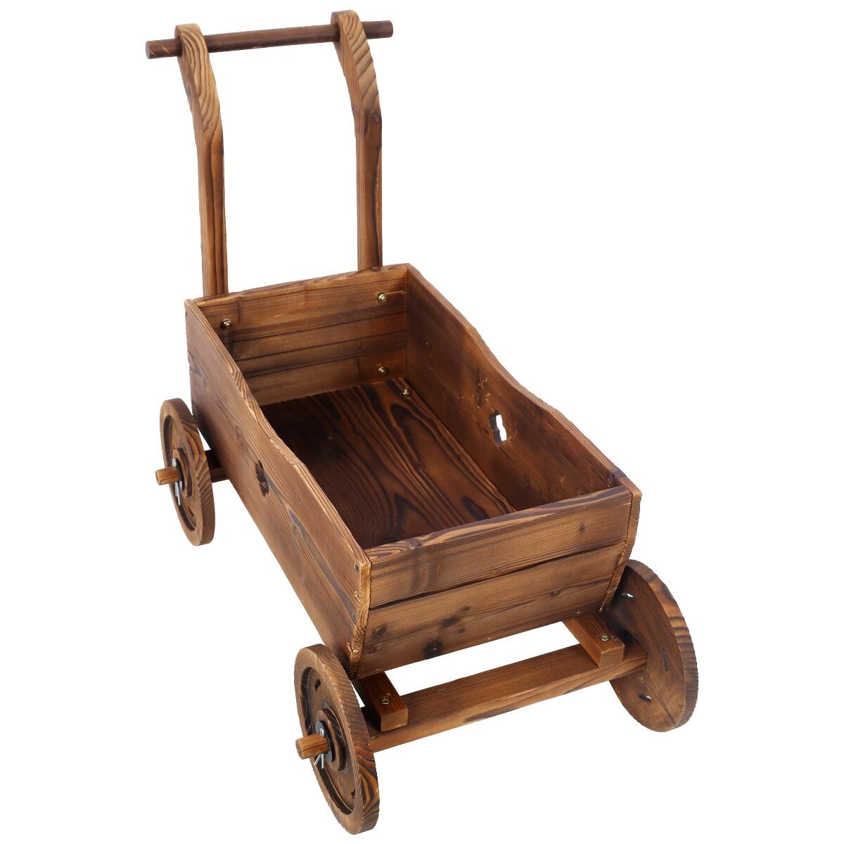 Left. Loheer - Loheer Wooden Wagon Planter with Wheels, Carbonized Fir Wood Flower Cart with Handle and Drainage, Brown.