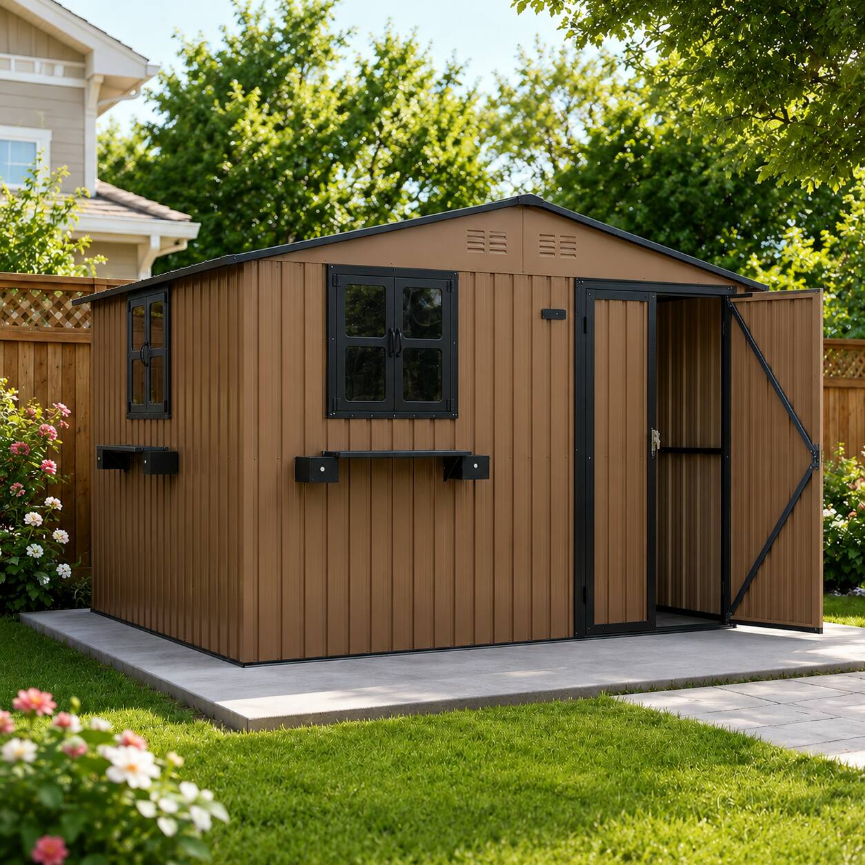Angle. Anysun - 10x8 FT Outdoor Metal Storage Shed with Window & Flower Rack – Lockable Double Doors Tool Shed, Waterproof Weatherproof - Brown.