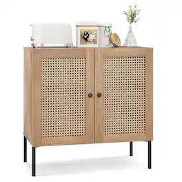 Pefilos - Kitchen Sideboard with 2 Rattan Doors and Adjustable Shelf, Classic Rattan Sideboard, Cabinet for Indoor, Natural - Brown