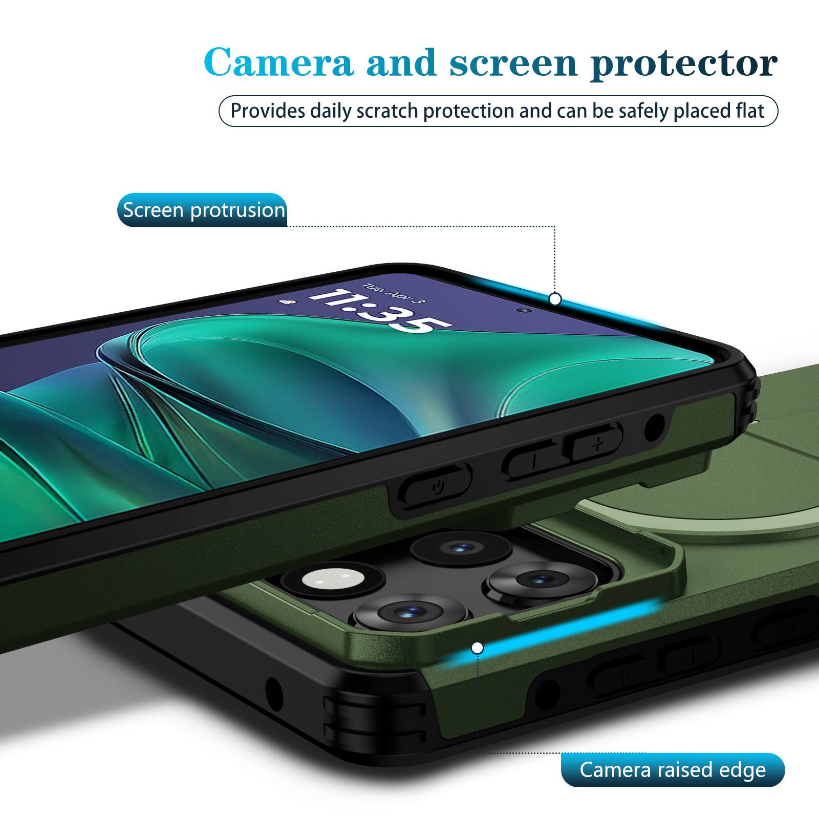 Camera and screen protector  
Provides daily scratch protection and can be safely placed flat  

Screen protrusion  

Camera raised edge