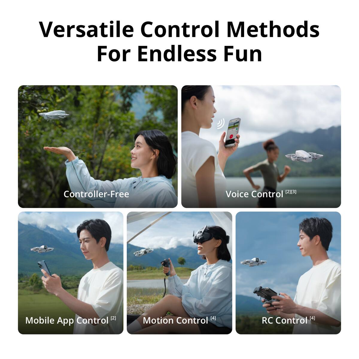 Versatile Control Methods For Endless Fun

- Controller-Free
- Voice Control (2)[3)
- Mobile App Control [2]
- Motion Control [4]
- RC Control [4]