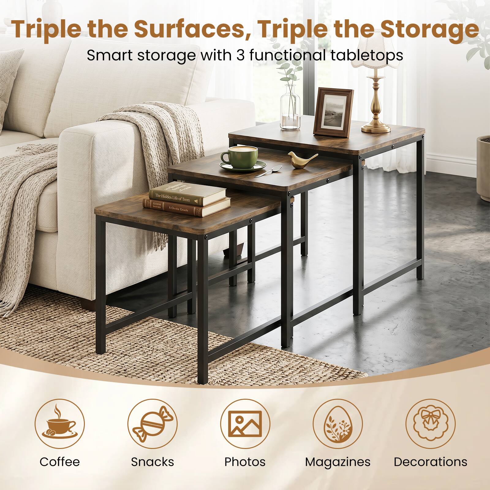 Triple the Surfaces, Triple the Storage  
Smart storage with 3 functional tabletops

The Hidden Life of Trees  
Oliver Rackham

Coffee  
Snacks  
Photos  
Magazines  
Decorations