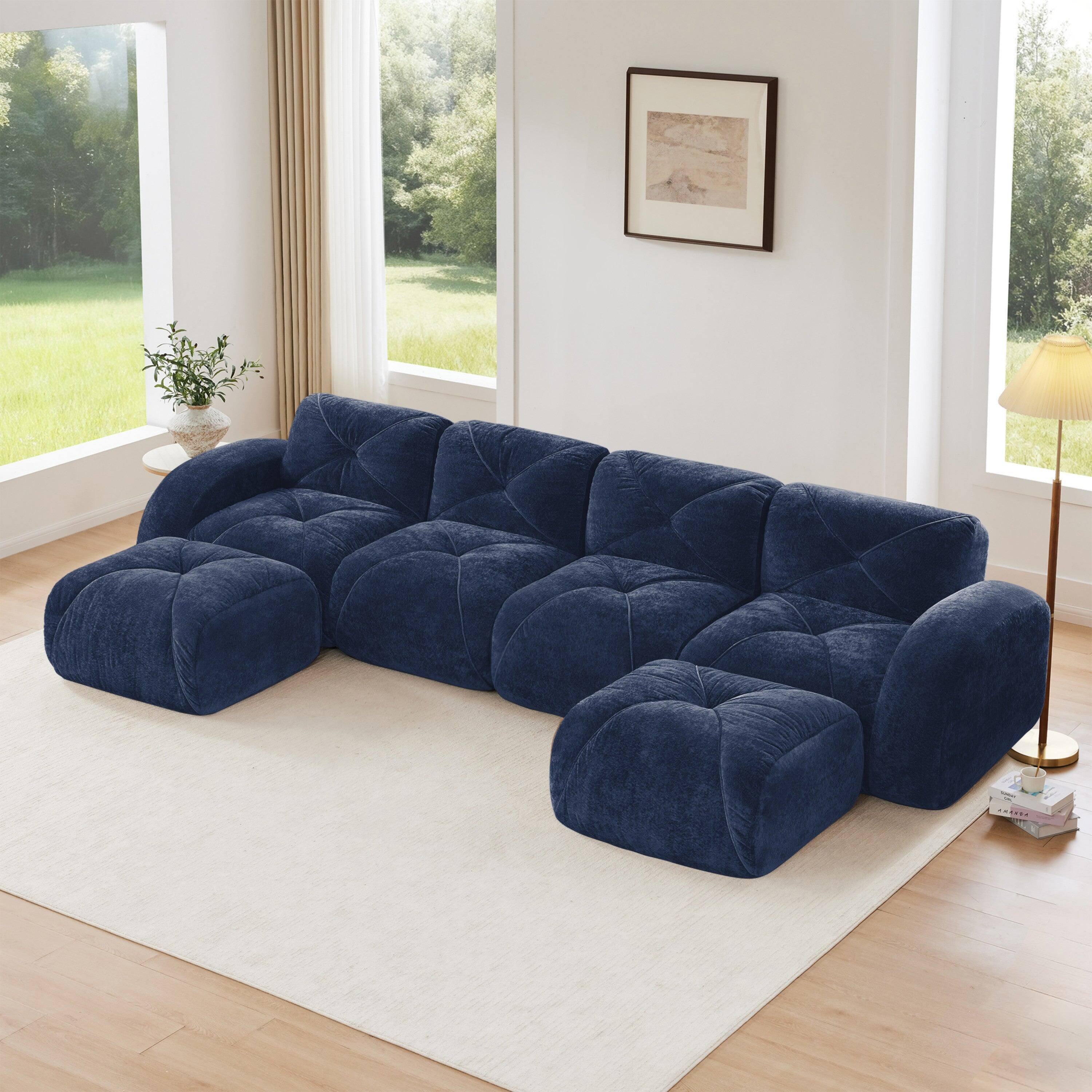 Alt View 2. Boyel Living - U Shaped Velvet Tufted Sofa Movable Ottomans 32D HD Sponge Anti Slip Free Combo No Assembly Living Theater Blue - Blue.