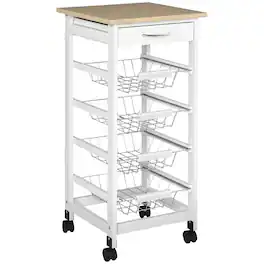 Homcom - Mobile Kitchen Cart, Rolling Kitchen Island with Storage, Solid Wood Frame Cart with Wire Fruit Baskets and Drawer - White