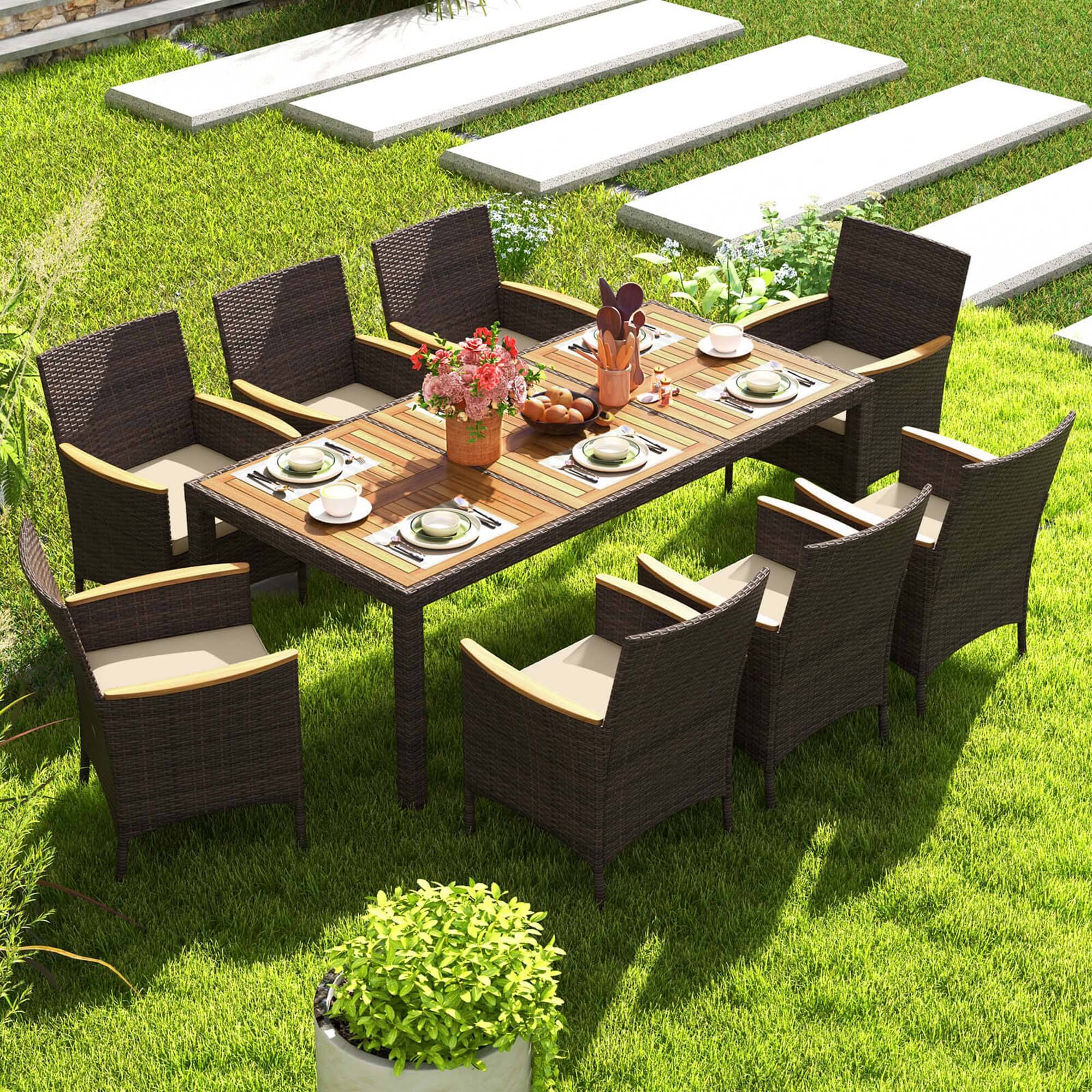 Alt View 3. Costway - 9 PCS Outdoor Dining Set with Acacia Wood Table Top Patio Dining Set for 8 People - Beige,Mix Brown.