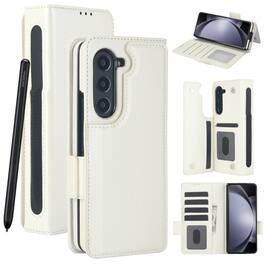 Dteck - For Samsung Galaxy Z Fold8 Ultra Wallet Case Shockproof PU Leather Pen Holder Card Slots Magnetic Clasp Kickstand Cover - White