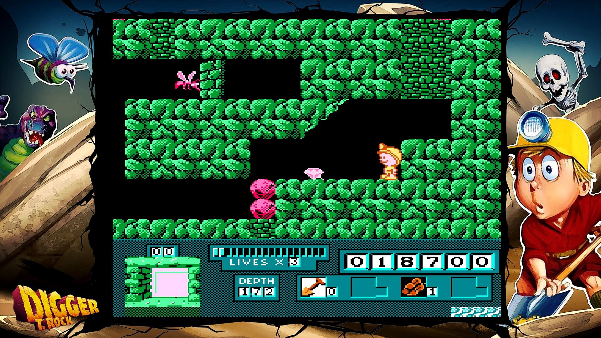 The text on the image reads: "1606200 d LIVES x X3 IS D8/00 O 1 8 7 o O DEPTH 1 1 DIGGER T. ROCK PPP". This text is likely related to a video game, specifically Dig Dug, as it contains the name "Dig Dug" and "Depth 1 1". The text might be related to the game's score, lives, or other gameplay elements.