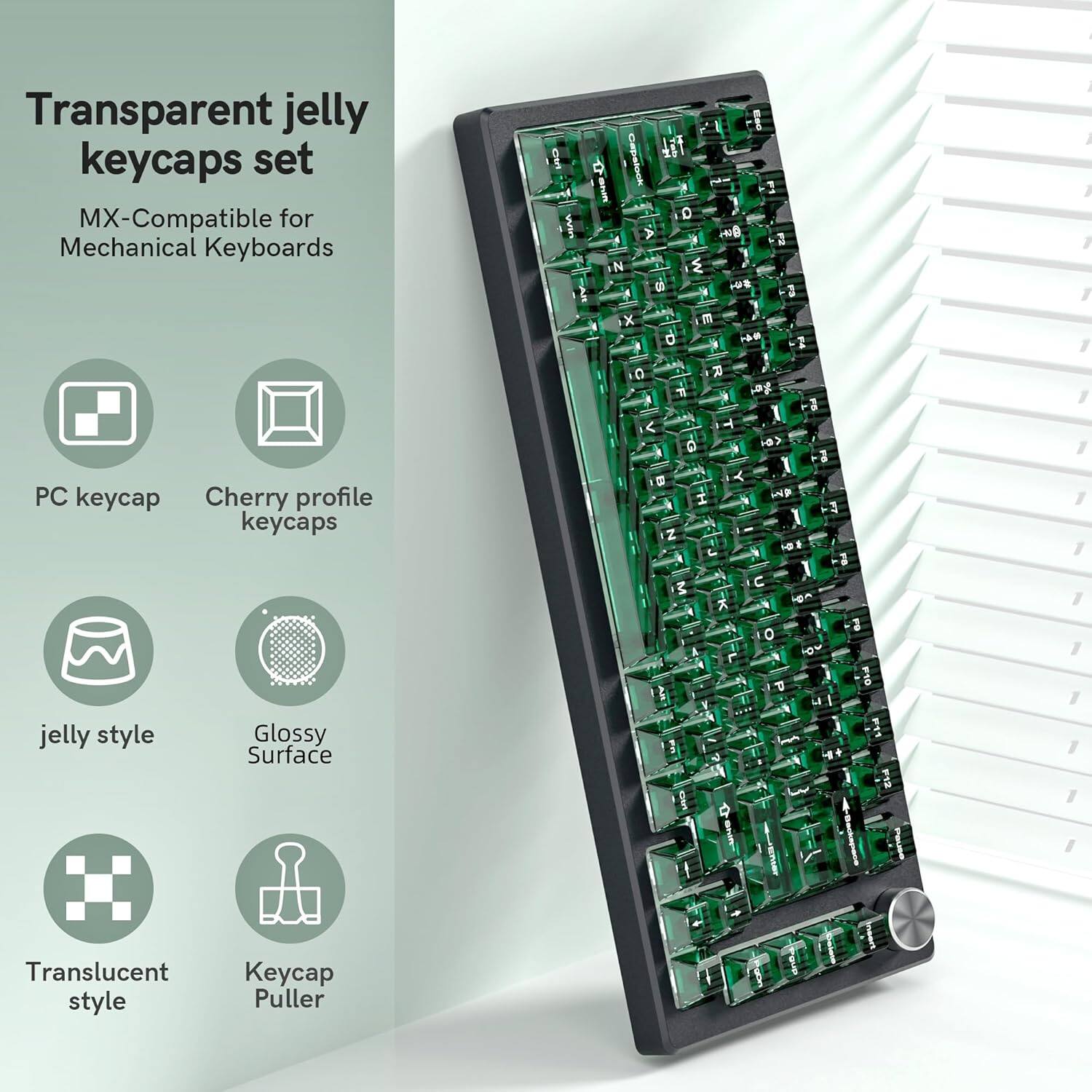 Transparent jelly keycaps set MX-Compatible for Mechanical Keyboards

- PC keycap
- Cherry profile keycaps
- jelly style
- Glossy Surface
- Translucent style
- Keycap Puller