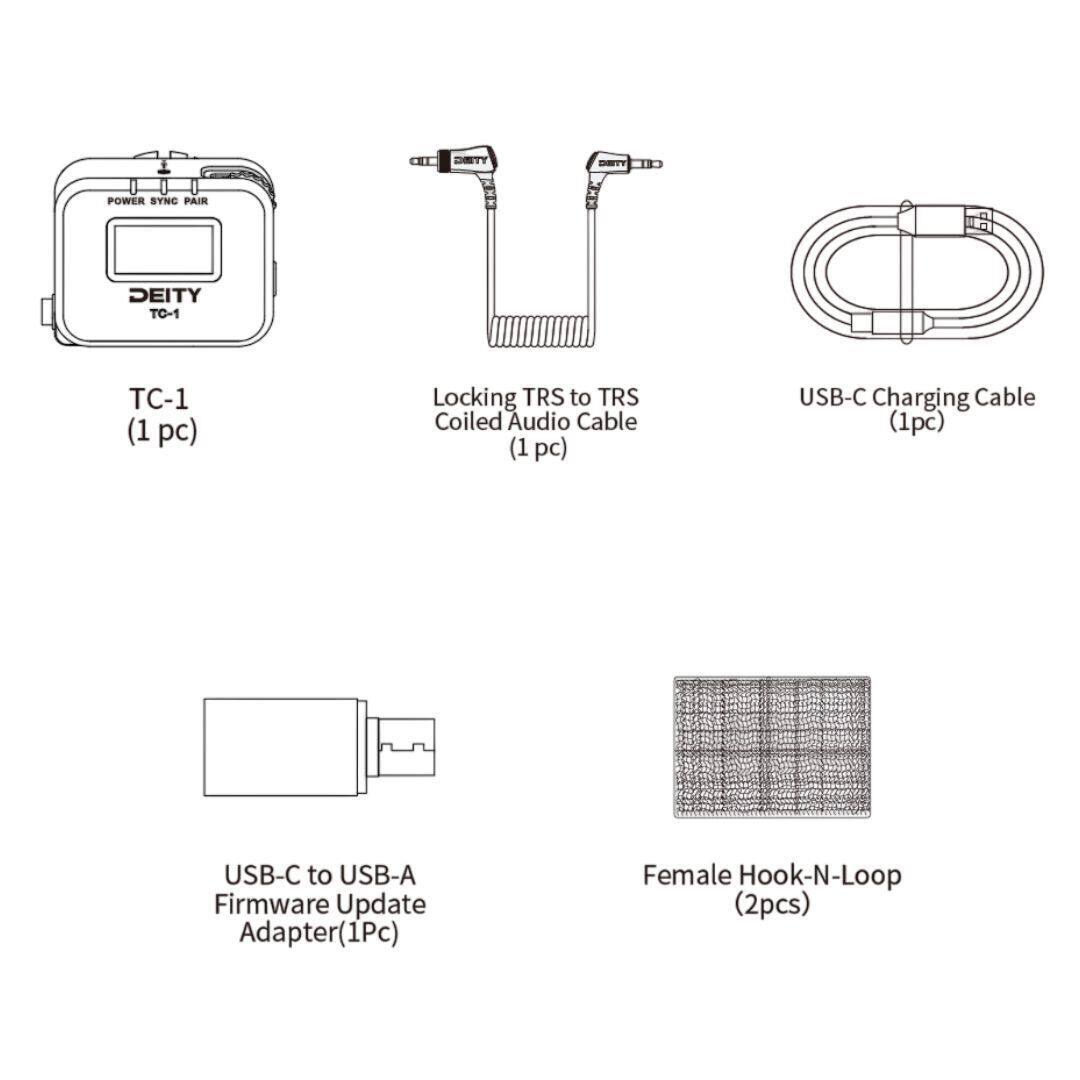 - DEITY TC-1 (1 pc)
- Locking TRS to TRS Coiled Audio Cable (1 pc)
- USB-C Charging Cable (1 pc)
- USB-C to USB-A Firmware Update Adapter (1 pc)
- Female Hook-N-Loop (2 pcs)