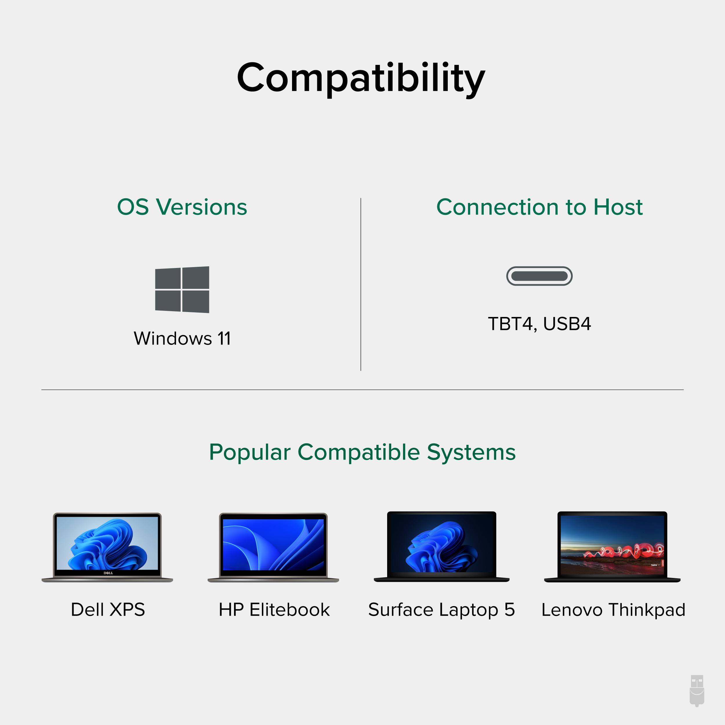 Compatibility
OS Versions
Connection to Host
Windows 11
TBT4, USB4
Popular Compatible Systems
Dell XPS
HP Elitebook
Surface Laptop 5
Lenovo Thinkpad