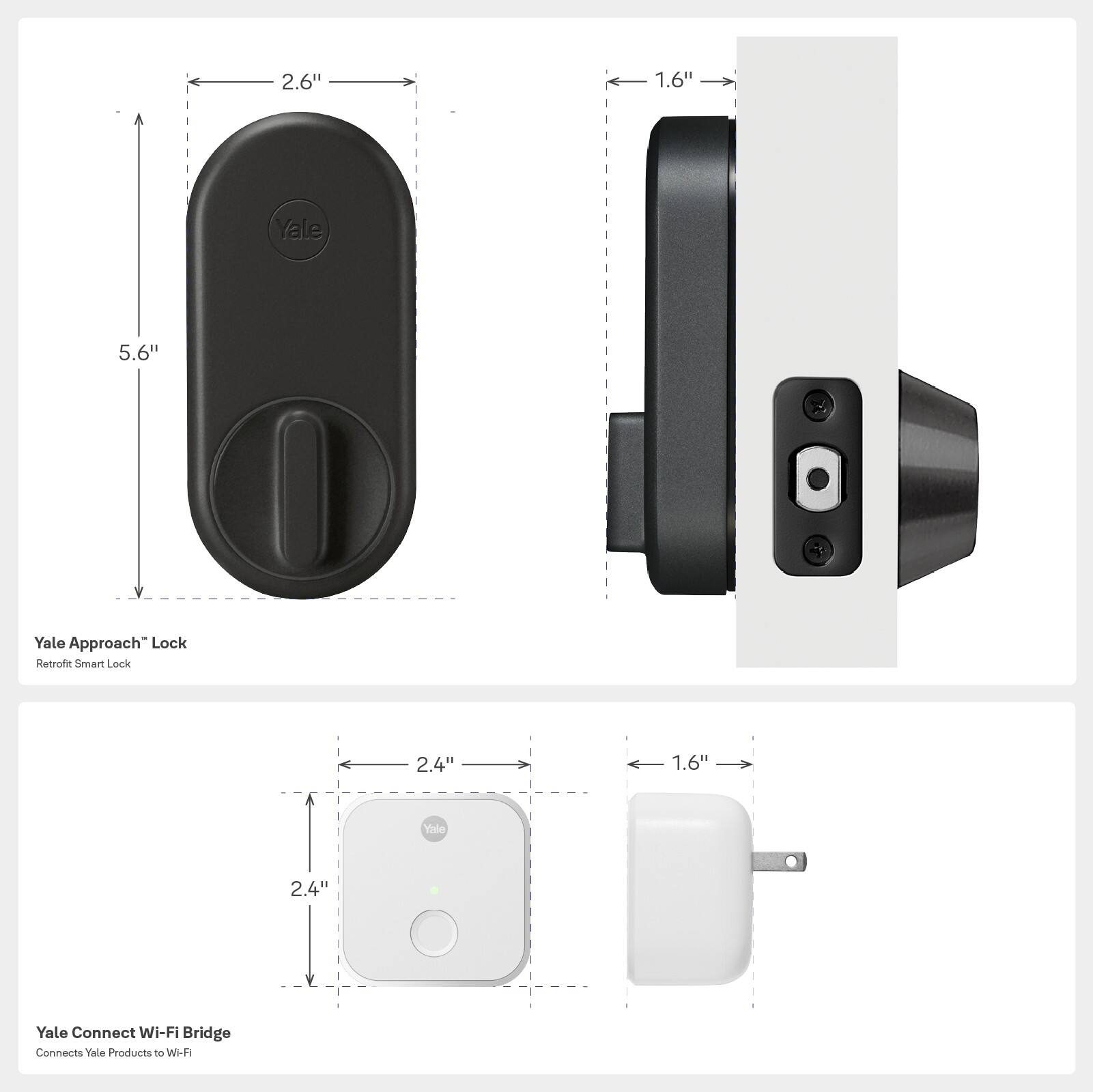 The image shows a smart lock and a Wi-Fi bridge, both made by Yale. The lock is 2.6 inches tall and 1.6 inches wide, while the Wi-Fi bridge is 2.4 inches tall and 1.6 inches wide. The lock is designed to be used with a smartphone, and the Wi-Fi bridge connects the lock to the internet for added convenience and security.