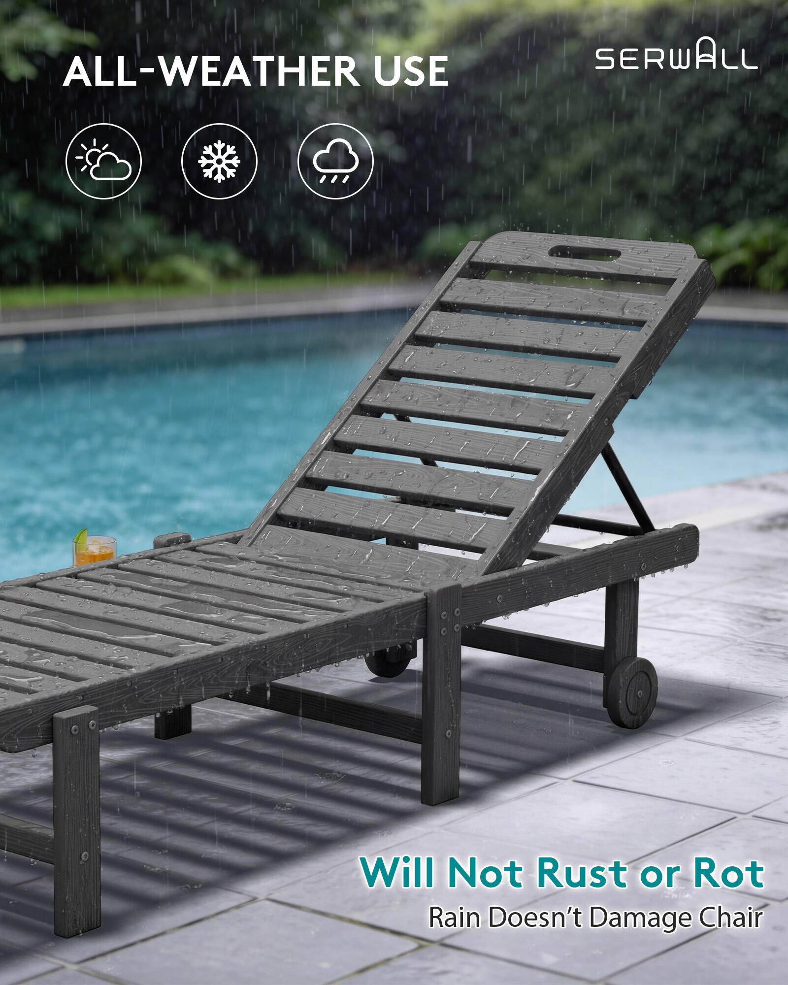 ALL-WEATHER USE  
SERWALL  
Will Not Rust or Rot  
Rain Doesn't Damage Chair