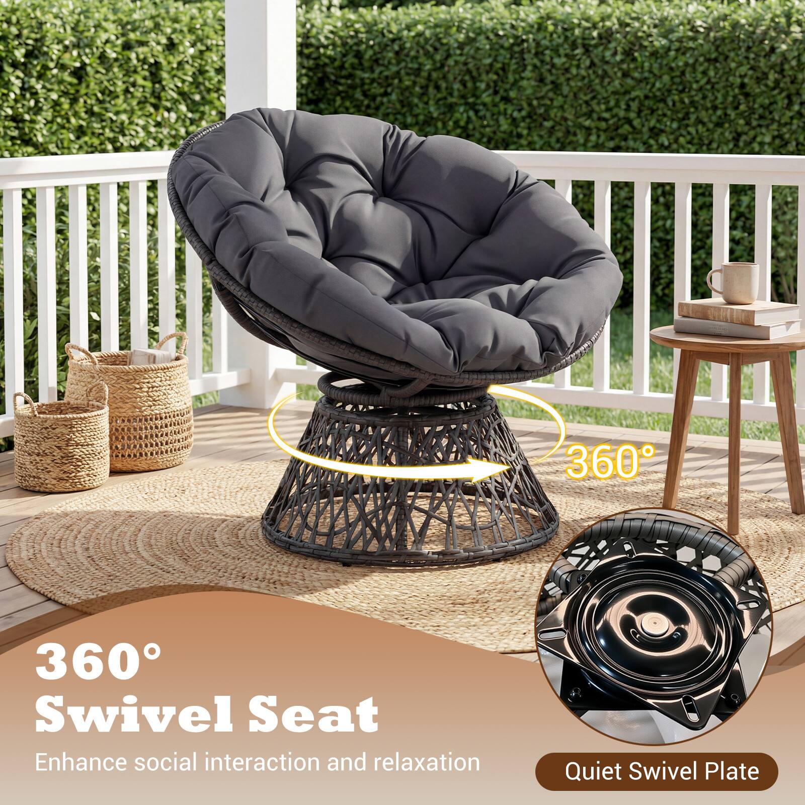 360° Swivel Seat  
Enhance social interaction and relaxation  
Quiet Swivel Plate