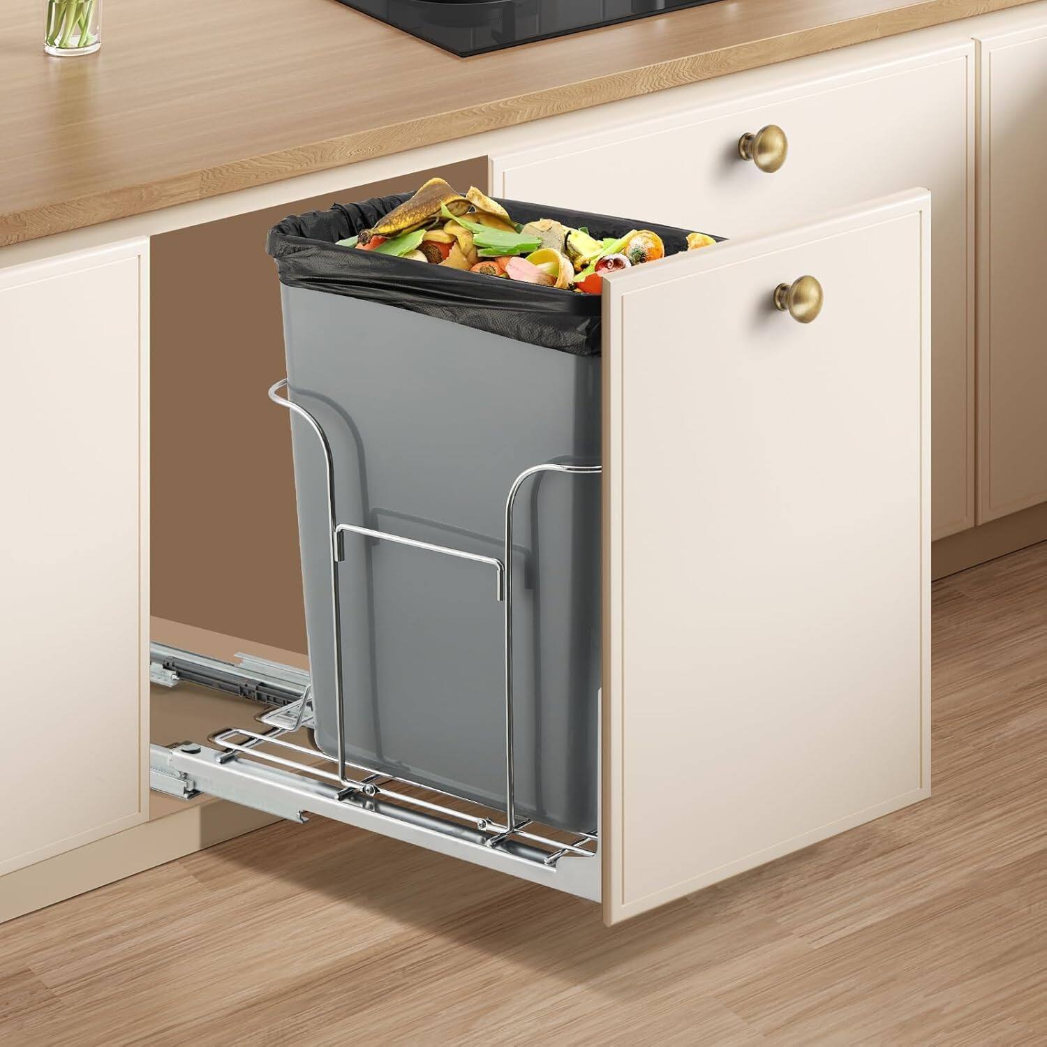 Left. Acekool - 30 QT Pullout Under-Cabinet Trash & Recycling Bin with Soft-Close Slides, Gray Stainless Steel, 100 lb Capacity - Gray.