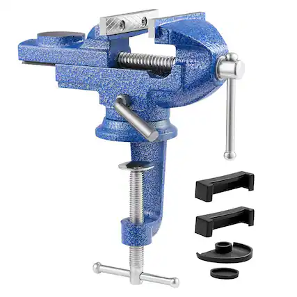 Front. VEVOR - Bench Vise, 3 Inch, Portable Workbench Vice with 360° Swivel Base, Quick Release Rotating Bench Clamp, Raised Base - Blue.
