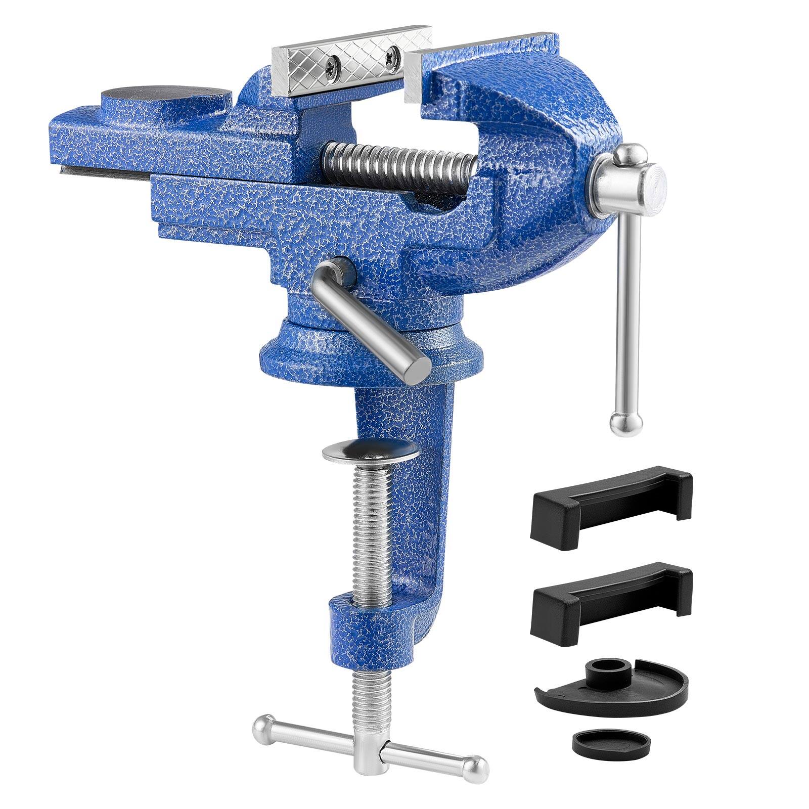 Front. VEVOR - Bench Vise, 3 Inch, Portable Workbench Vice with 360° Swivel Base, Quick Release Rotating Bench Clamp, Raised Base - Blue.