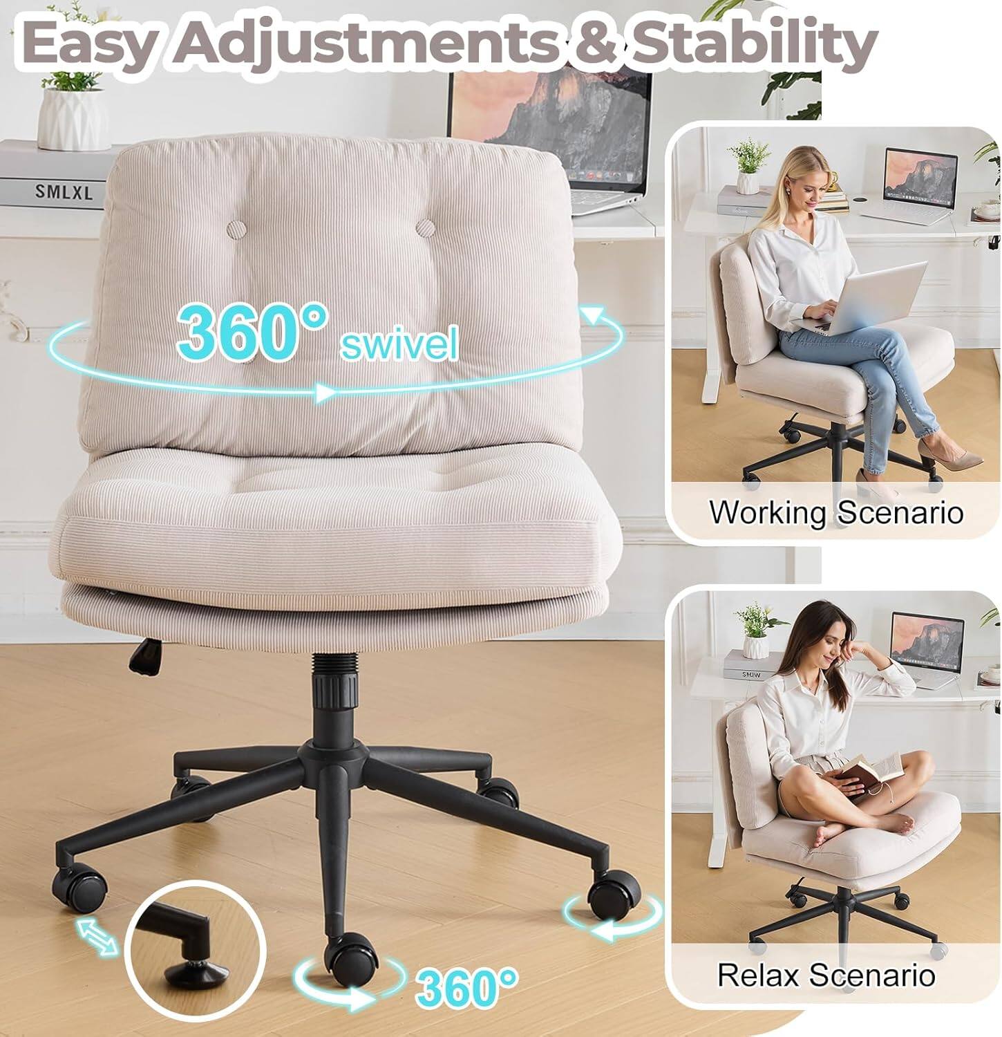 Easy Adjustments & Stability  
SMLXL  
360° swivel  
Working Scenario  
360°  
Relax Scenario