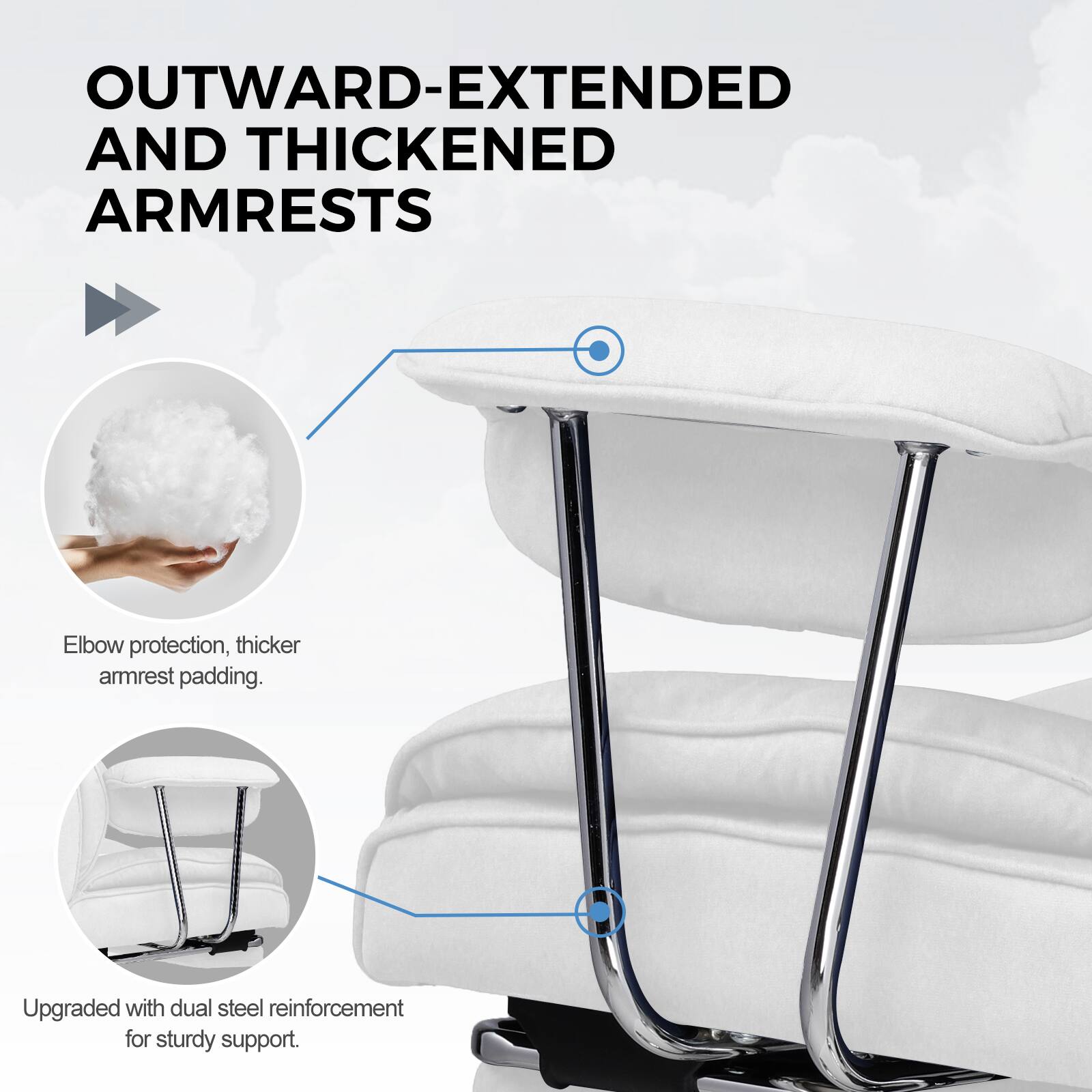 OUTWARD-EXTENDED AND THICKENED ARMRESTS

Elbow protection, thicker armrest padding.

Upgraded with dual steel reinforcement for sturdy support.