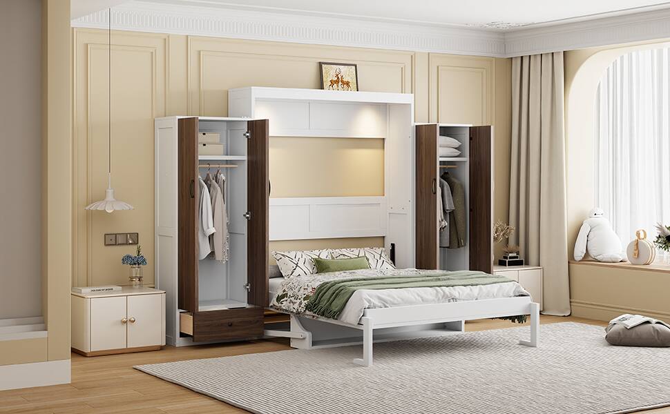 Alt View 10. Tiramisubest - Full Size Murphy Wall Bed in White, MDF+LVL, Space-Saving & Multi-Functional - White.