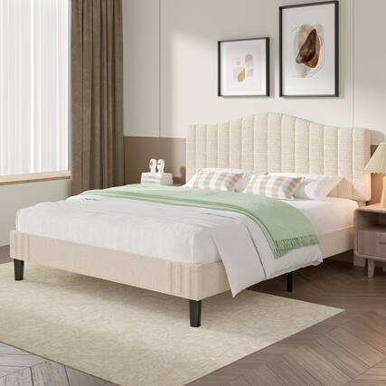 Front. Vecelo - Queen Size Upholstered Platform Bed Frame with Adjustable Headboard, Teddy Fabric, No Box Spring Needed - Beige.