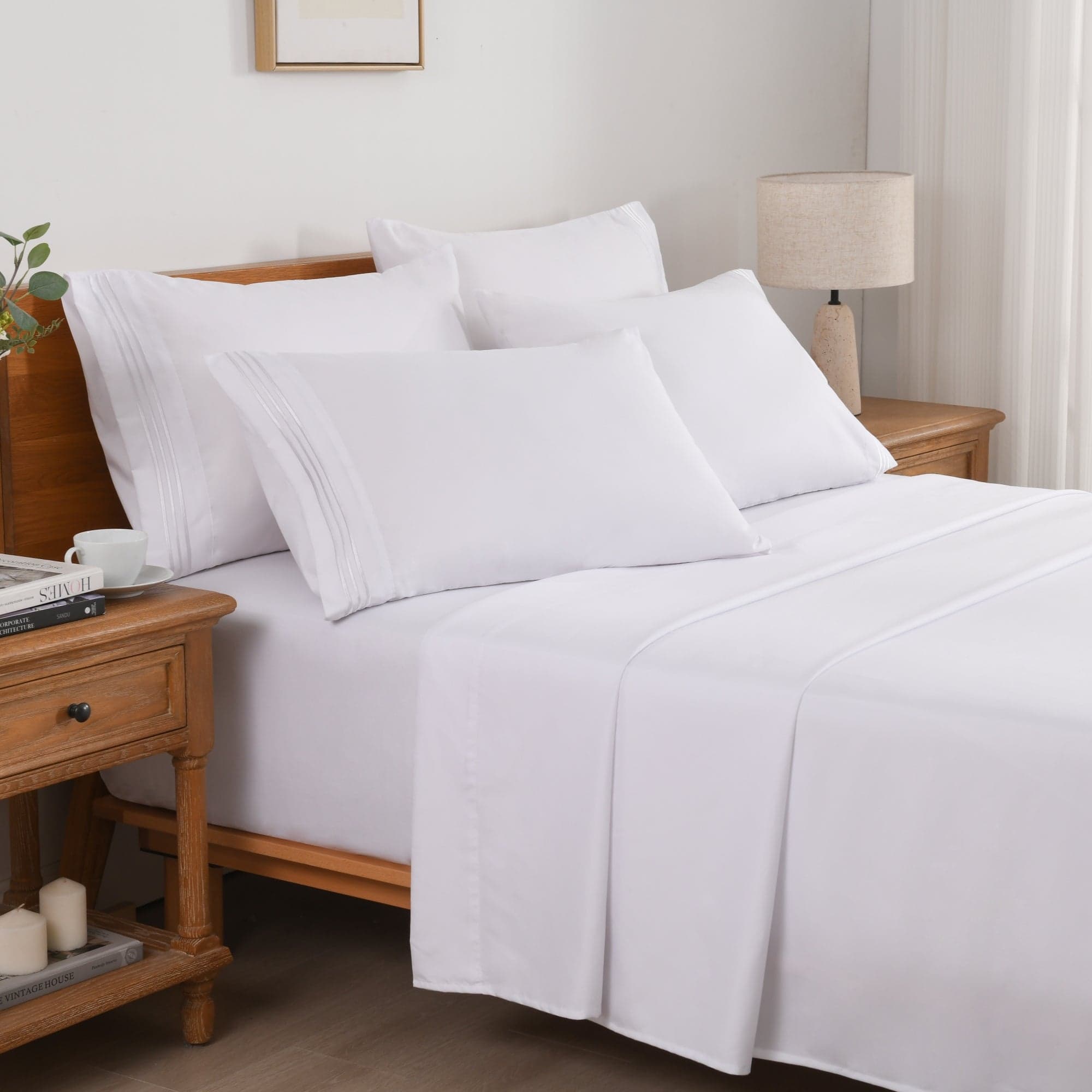MarCielo - 4/6 Pcs Soft Solid & Embroidery Bed Sheets Set - White