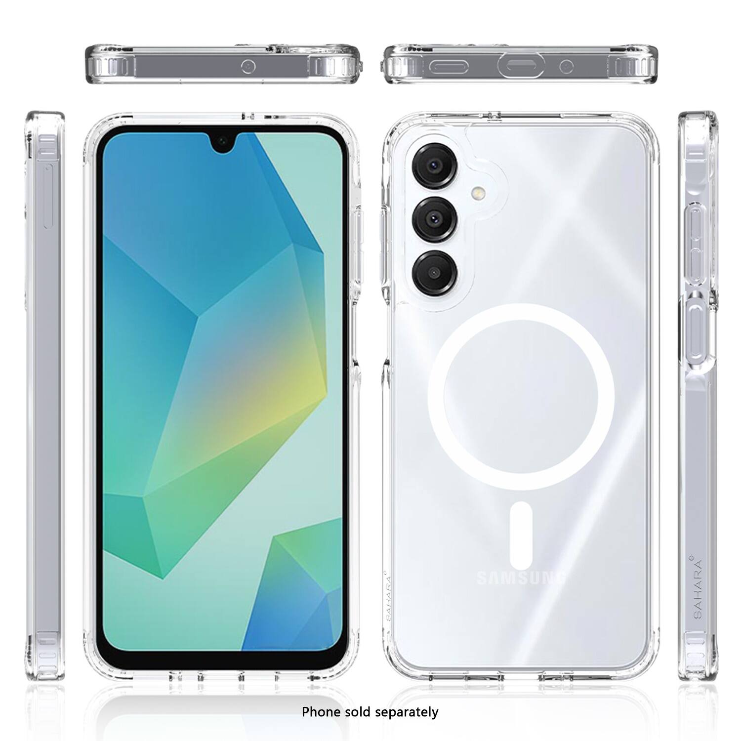 The image features a Samsung phone with a clear case and a white background. The phone is displayed in two different angles, showcasing its design and features. The case is made of clear plastic, allowing the phone to be visible from all sides. The phone is sold separately, and the image is set in a Sahara-like environment, giving it a unique and stylish appearance.