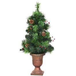 WELLFOR - 3 ft Pre‑Lit Pre‑Decorated Artificial Christmas Tree with Warm‑White LEDs, Red Berries & Pine Cones - Green