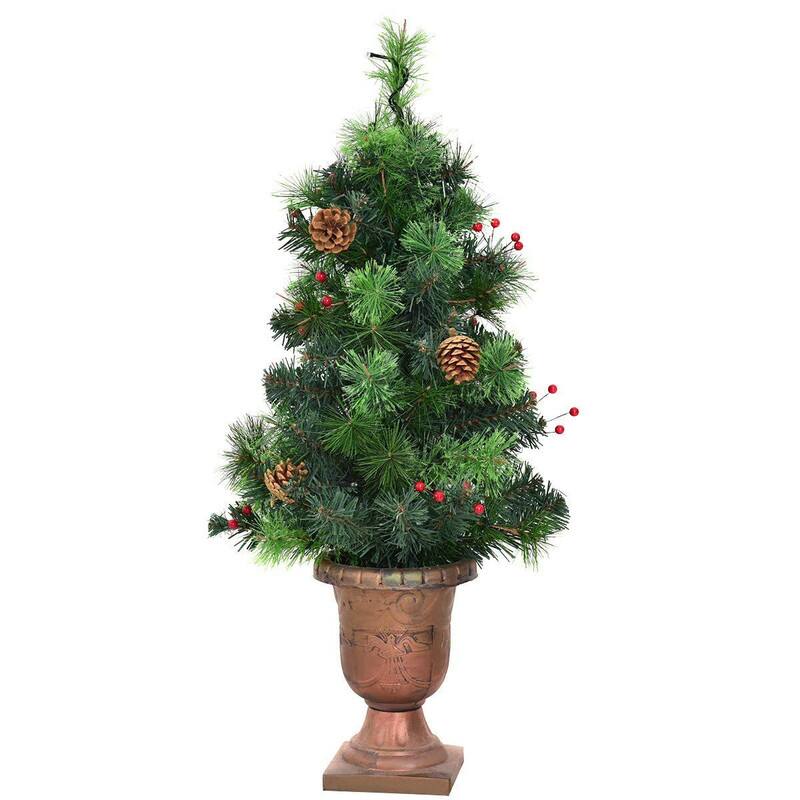 Front. WELLFOR - 3 ft Pre‑Lit Pre‑Decorated Artificial Christmas Tree with Warm‑White LEDs, Red Berries & Pine Cones - Green.