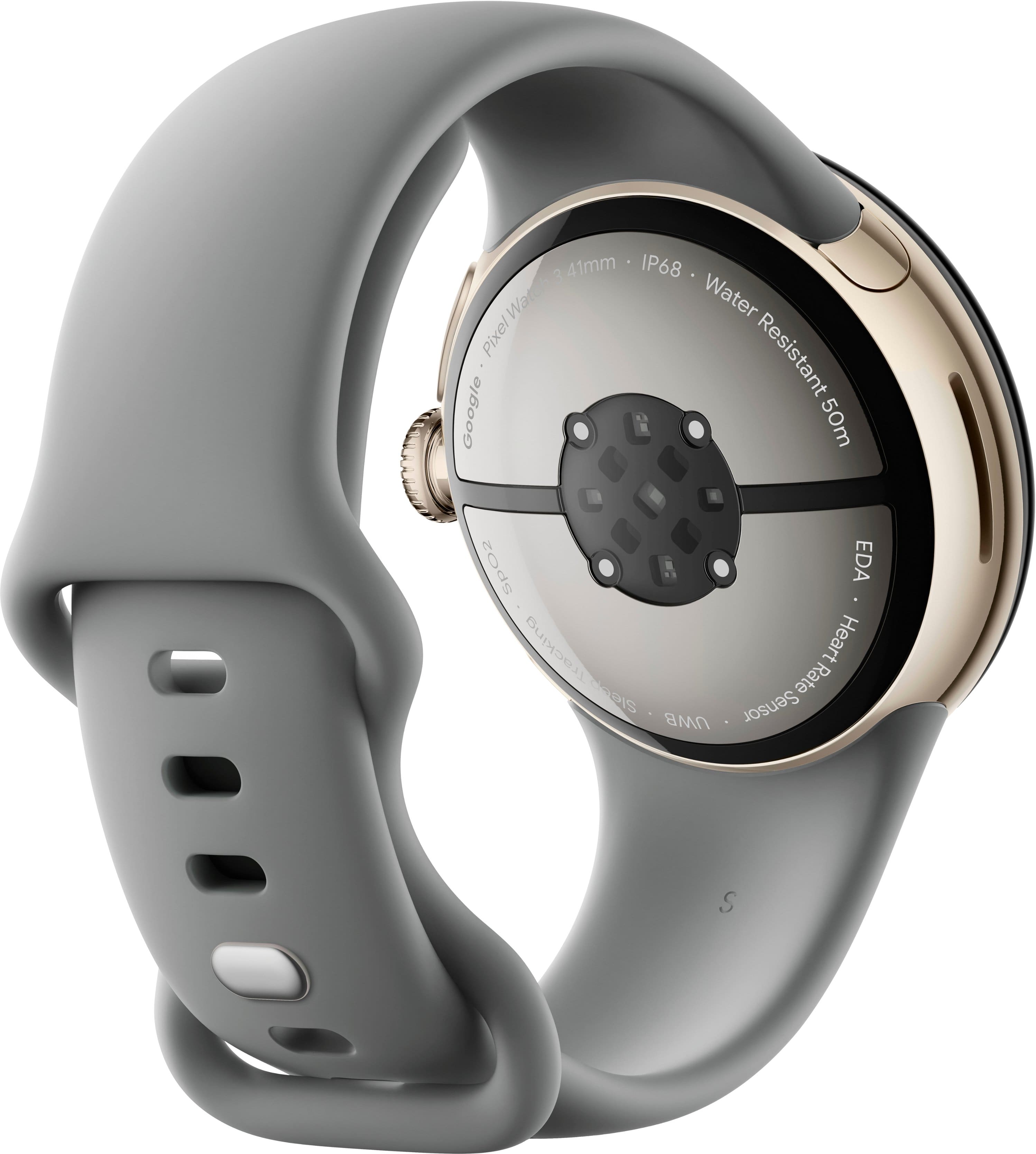 The text on the image reads: "3 41mm IP68 Water Pixel Resistant Google 50m Spo2 EDA Heart Rate CADIS Sensor Rate UWB." This text is describing a watch that features a 41mm face, is water resistant, and has a heart rate sensor. The watch is also equipped with a CADIS sensor for rate tracking and UWB technology for additional functionality.