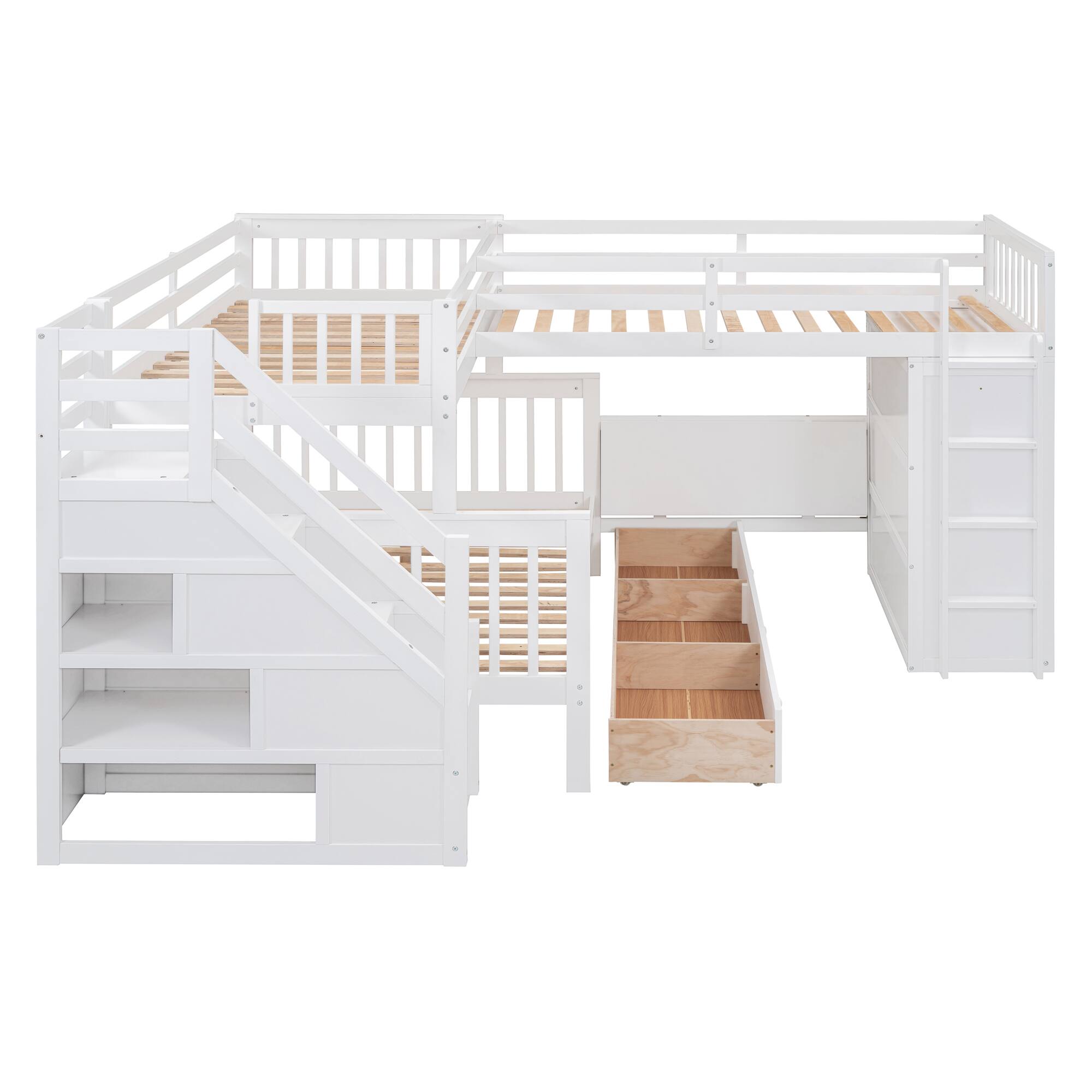 Alt View 2. Tiramisubest - Twin-Twin L-Shaped Bunk Bed, 3 Drawers, Portable Desk, Wardrobe, White - White.