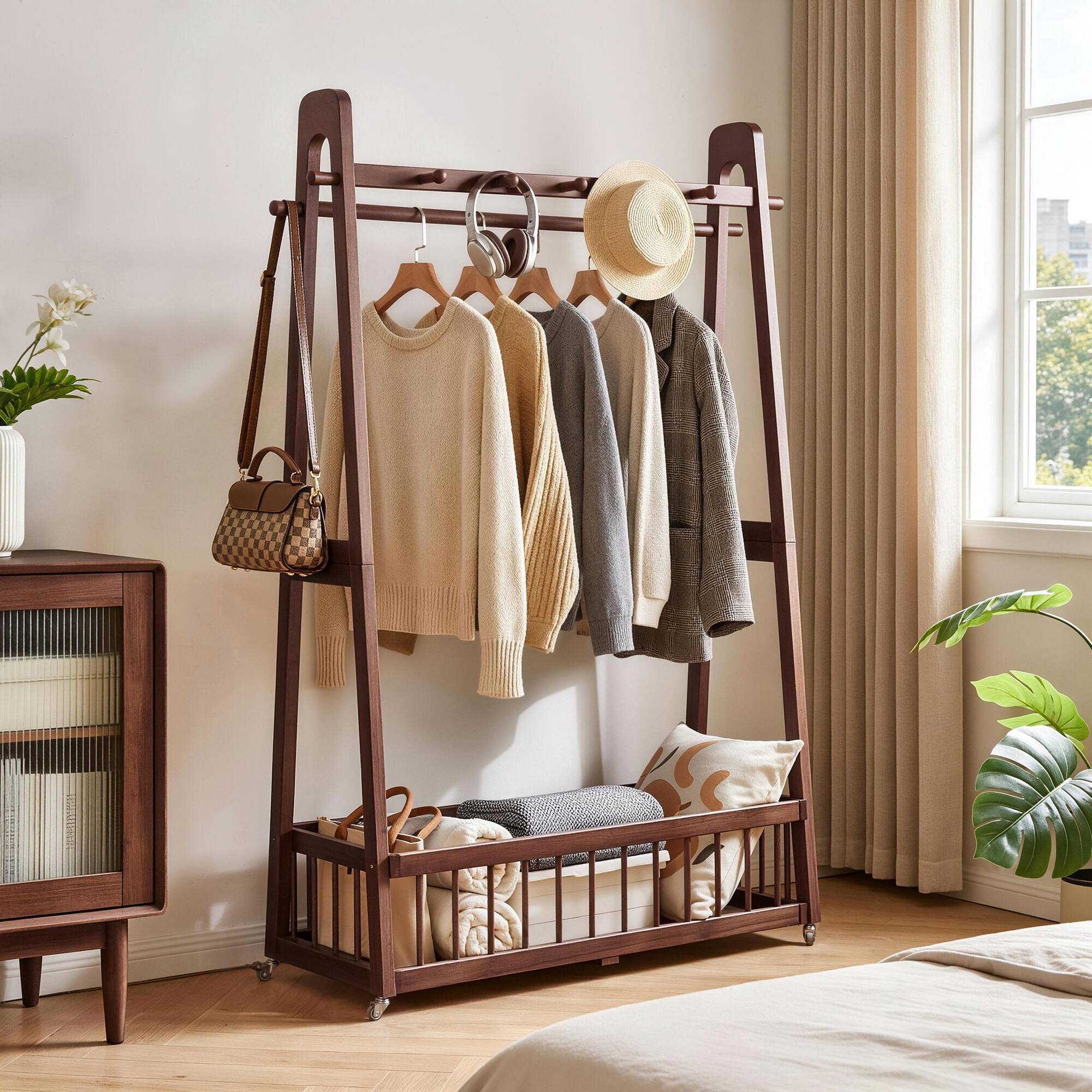 Left. LUCKY ONE - Solid Wood Freestanding Clothing Garment Rack with Lockable Wheels - Walnut.