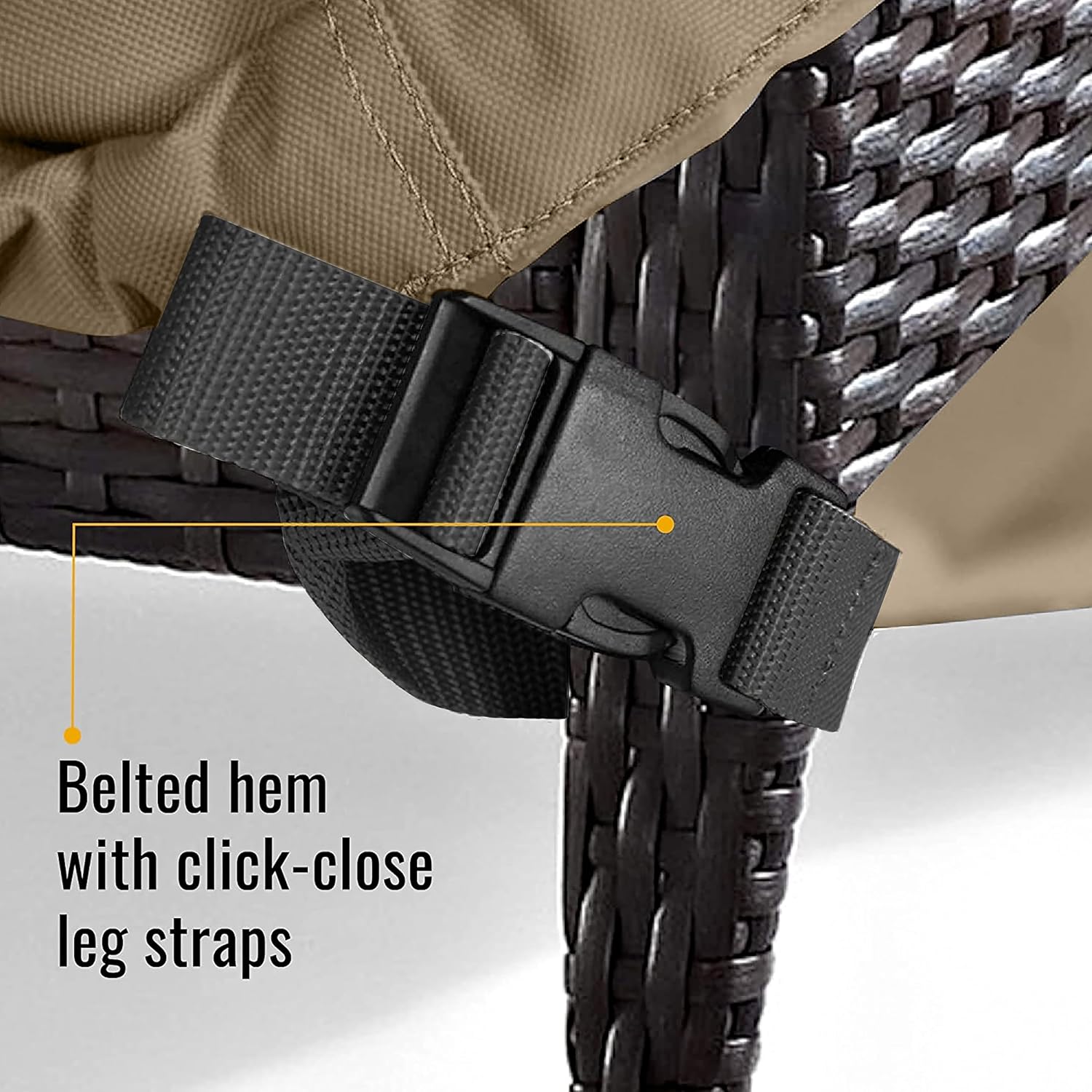 Belted hem with click-close leg straps