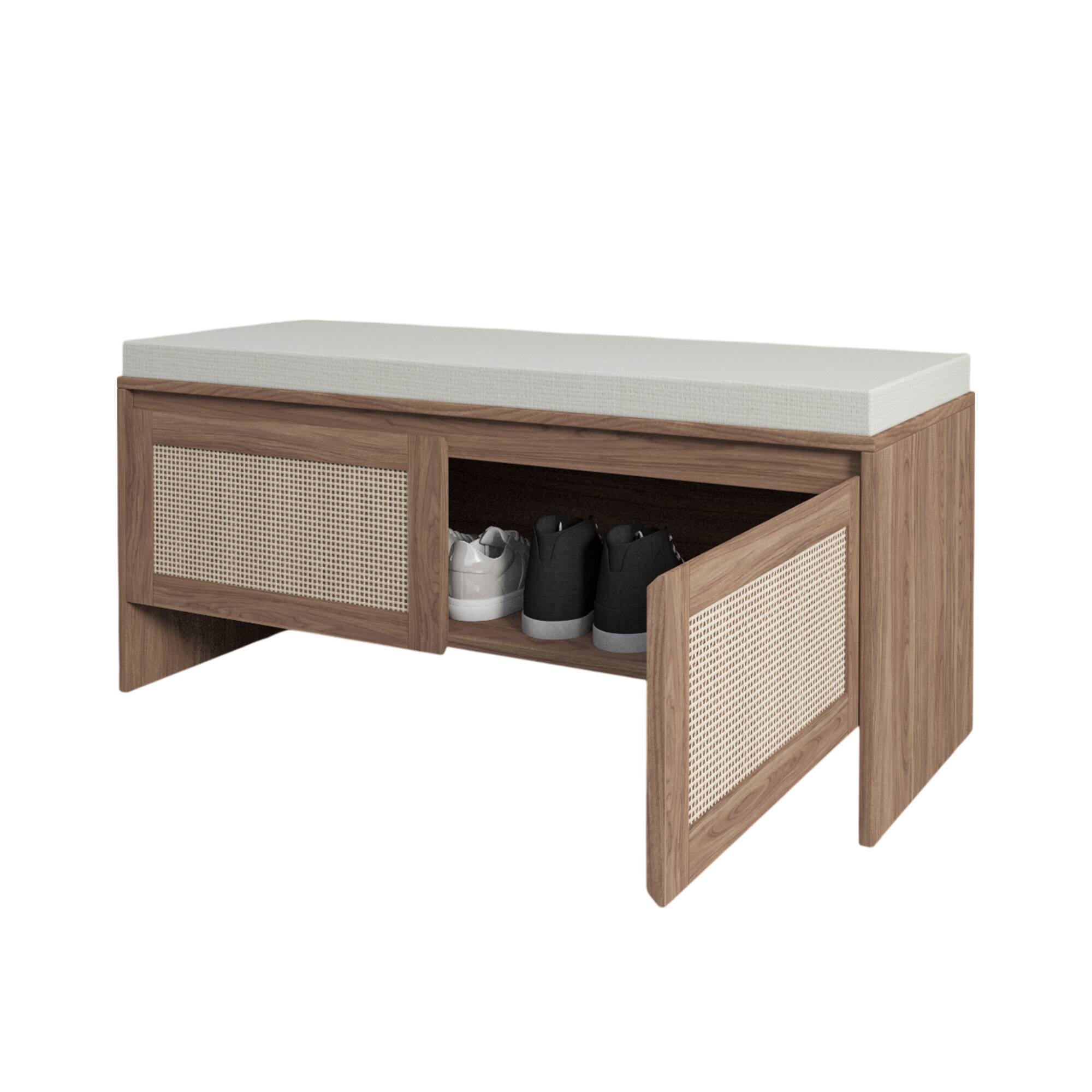 Alt View 1. Whisen - Entryway Shoe Storage Bench with Faux Rattan Doors, Cushioned Seat Cabinet Organizer - Natural.