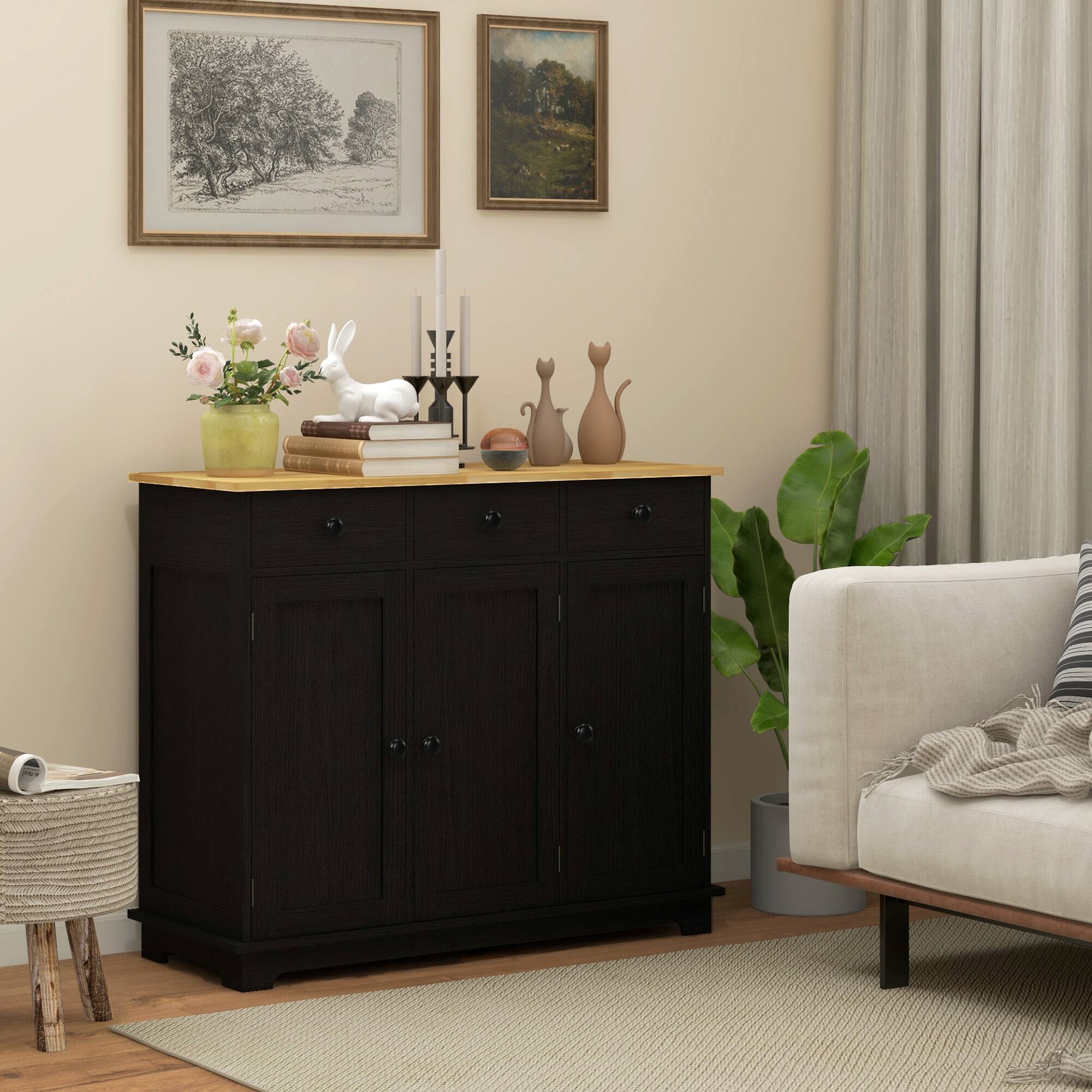 Alt View 1. Homcom - Storage Cabinet, Sideboard Floor Cupboard with Solid Wood Top, Adjustable Shelf, and 3 Drawers - Black Wood Grain.