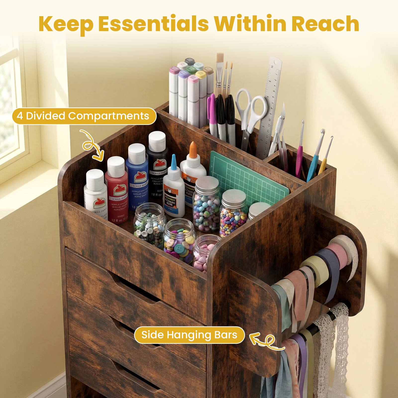 Keep Essentials Within Reach

4 Divided Compartments

Side Hanging Bars