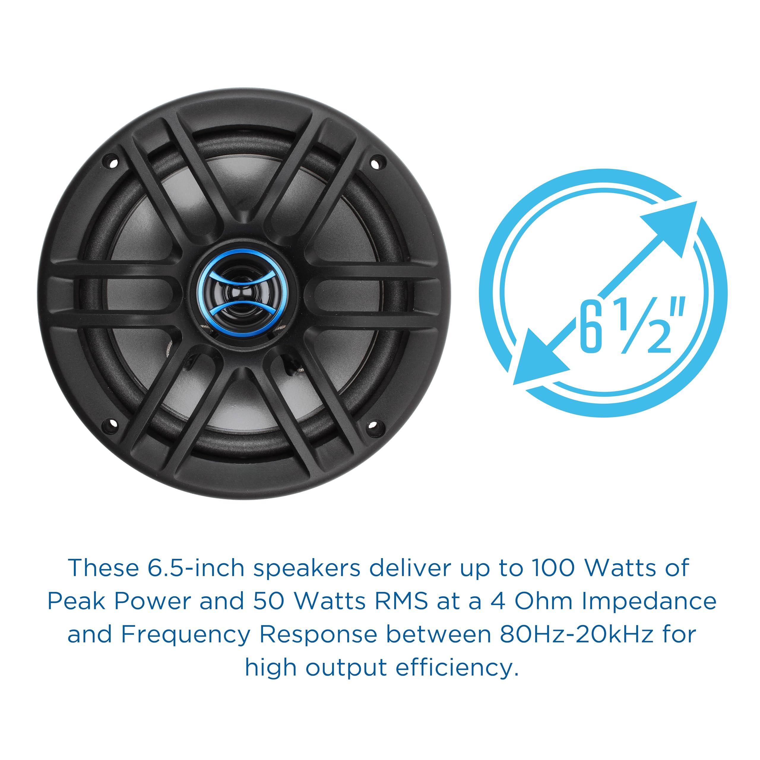 These 6.5-inch speakers deliver up to 100 Watts of Peak Power and 50 Watts RMS at a 4 Ohm Impedance and Frequency Response between 80Hz-20kHz for high output efficiency.