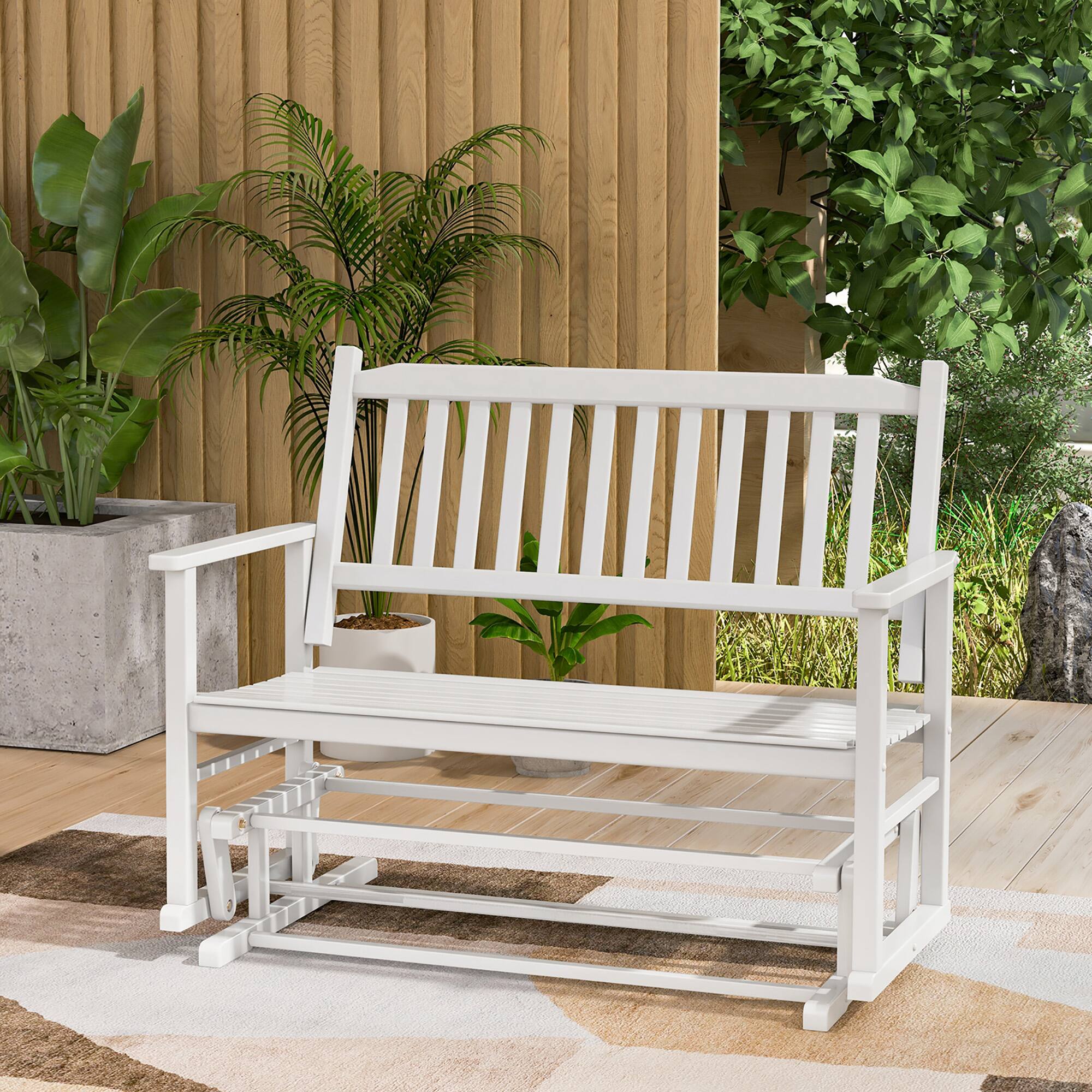 Front. Gymax - Gymax 2 Seats Outdoor Glider Bench Poplar Wood Patio Swing Glider Loveseat Chair w/ Armrests - White.