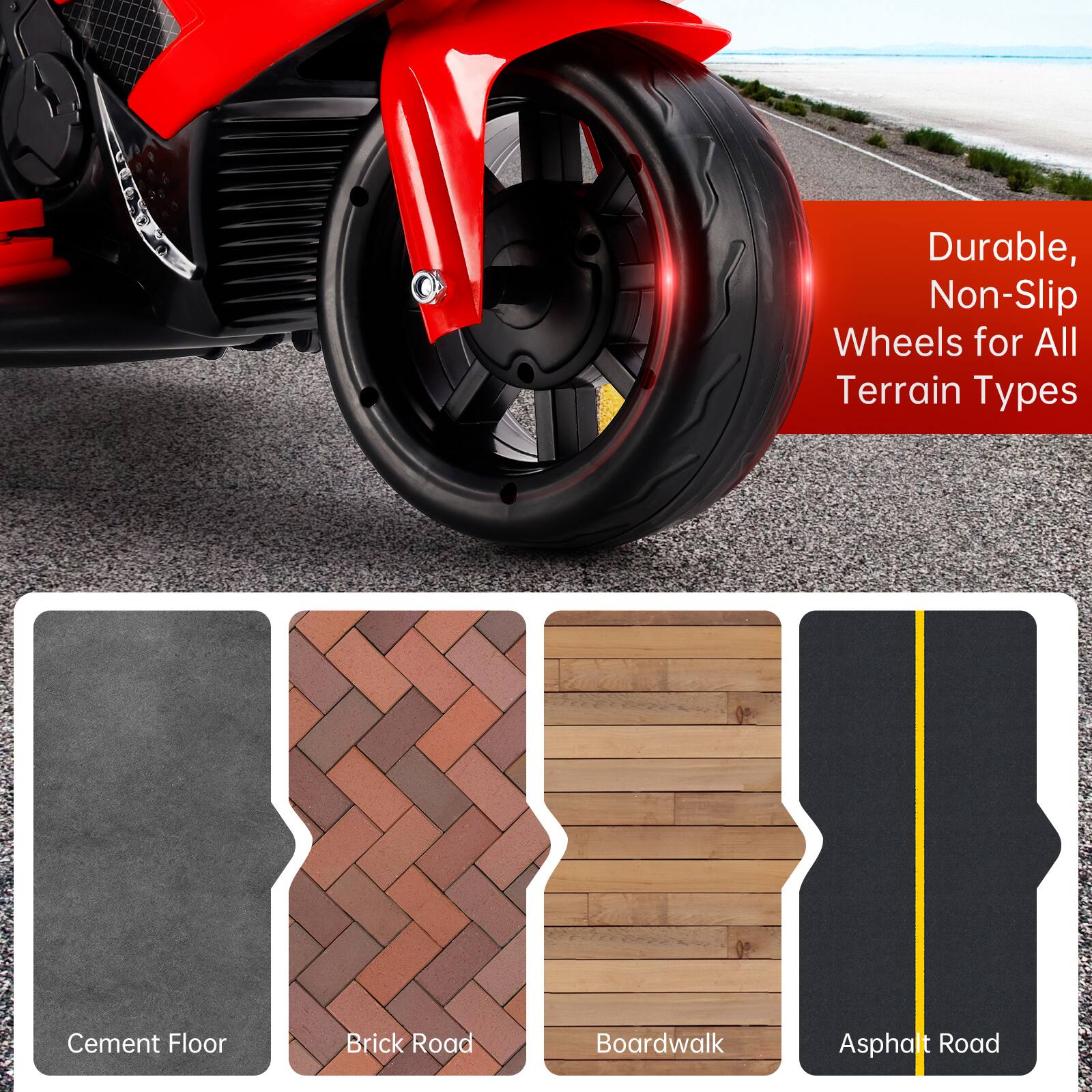 Durable, Non-Slip Wheels for All Terrain Types

Cement Floor  
Brick Road  
Boardwalk  
Asphalt Road
