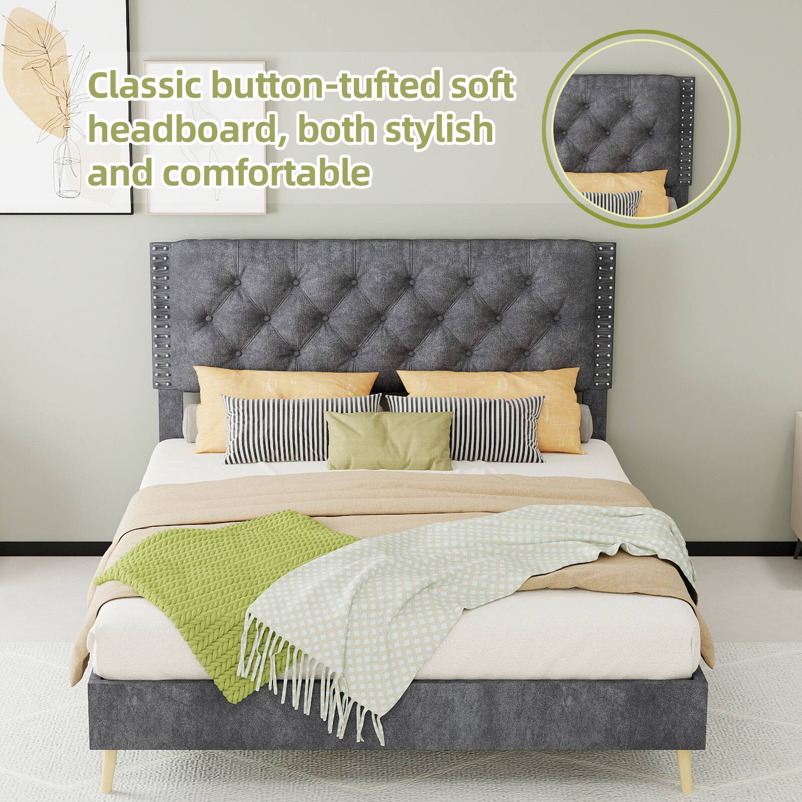 Classic button-tufted soft headboard, both stylish and comfortable